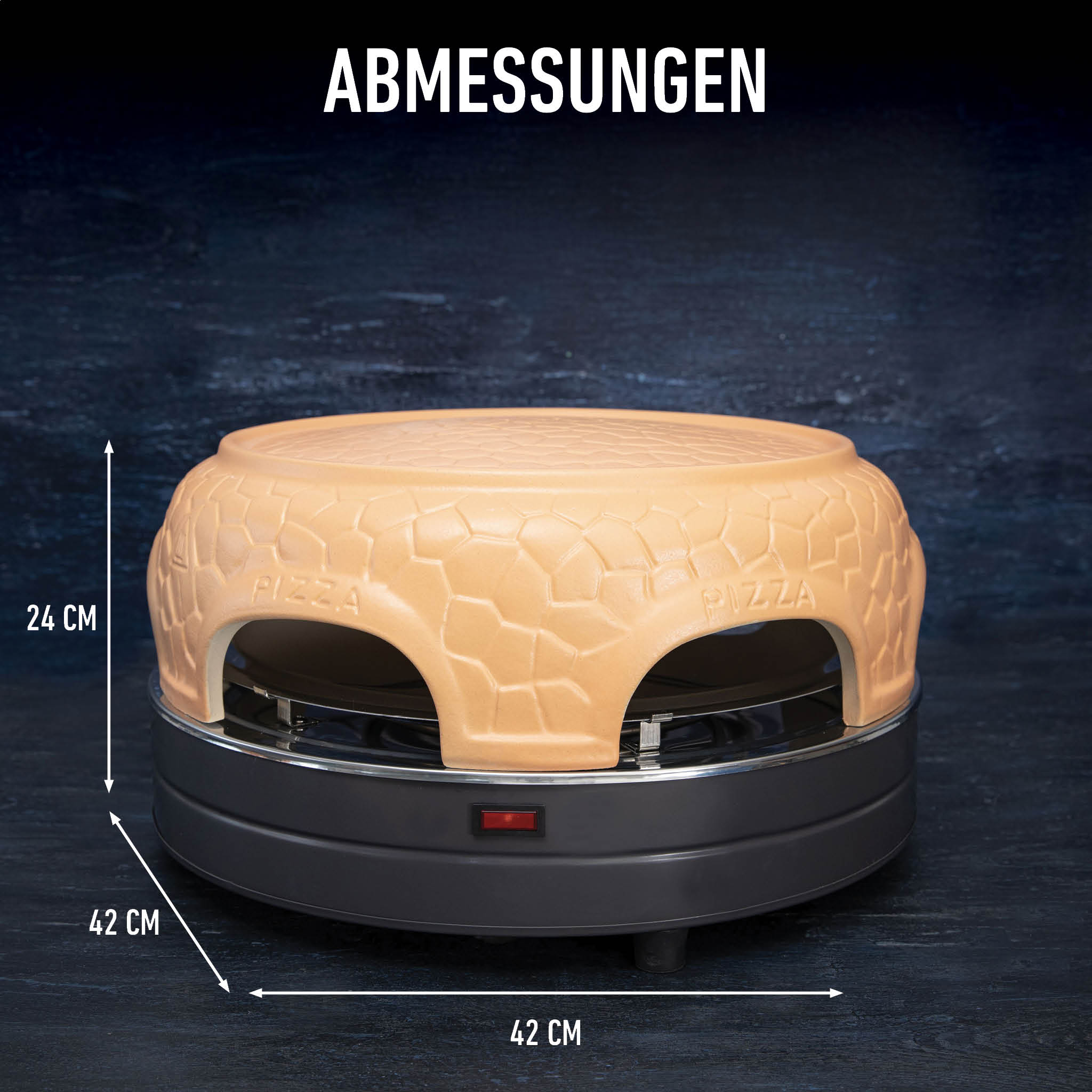 Pizzaofen mit Abmessungen, aus Ton, mit schwarzem Sockel.