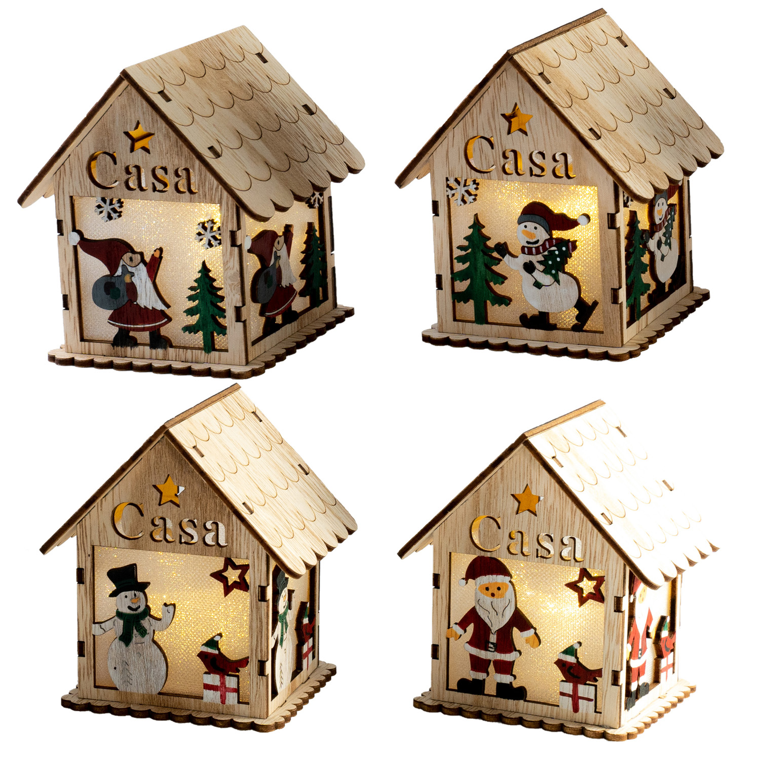 Cuatro casas de madera con escenas navideñas. Tienen luces y fondo blanco.