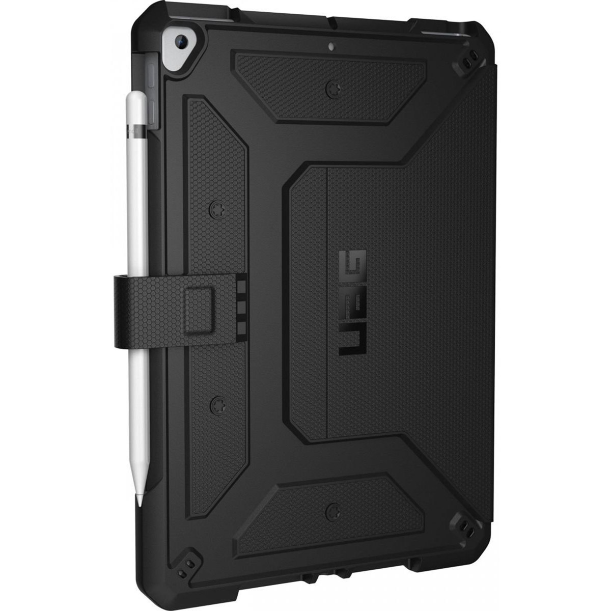 Funda negra para iPad con soporte para lápiz y logotipo de UAG. La funda es resistente y texturizada.
