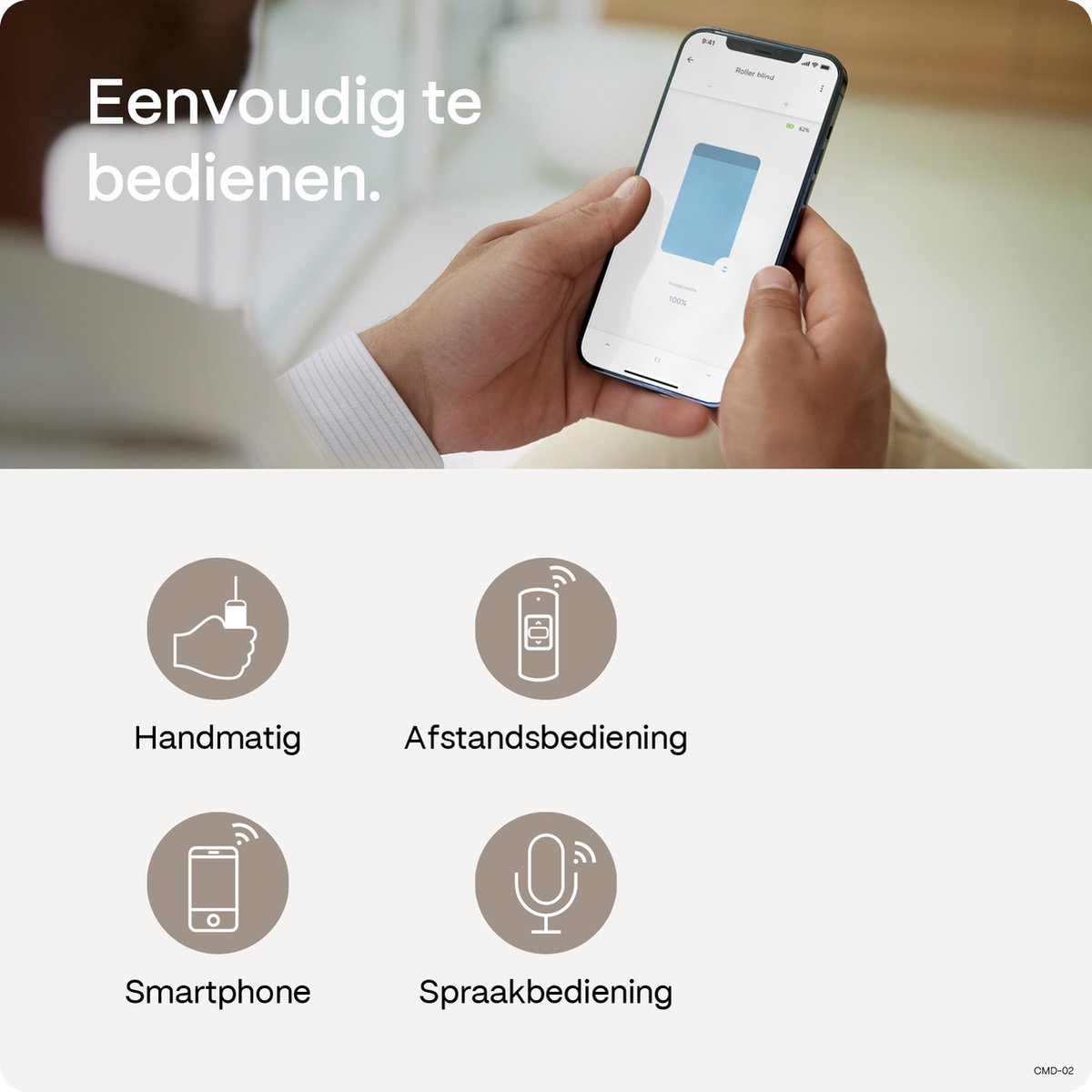 Hand holding a smartphone, with icons illustrating control options for smart home devices.