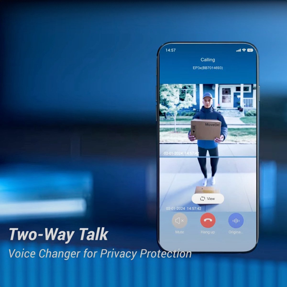 Smartfon pokazujący rozmowę wideo. Osoba w niebieskim dostarcza paczkę. Tekst: 'Two-Way Talk'.