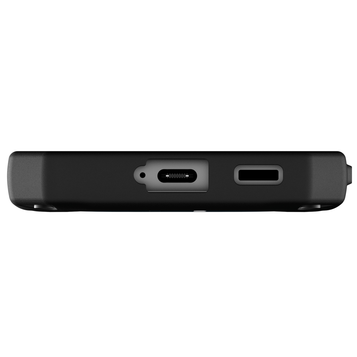 Zwarte telefoonhoesbodem met oplaadpoort en luidsprekergaten.