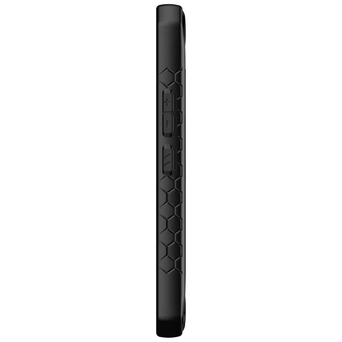 Zwarte telefoonhoes, zijaanzicht met knoppen en textuur.