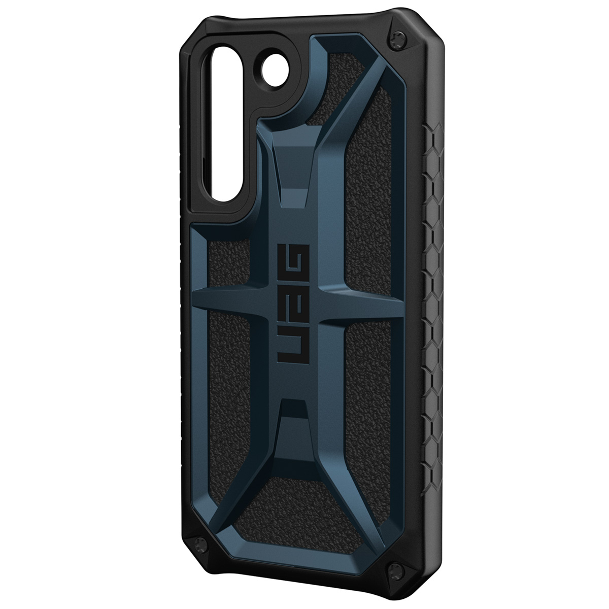 Een zwart-blauwe UAG telefoonhoes. De hoes heeft een hoekig ontwerp. De achtergrond is wit.