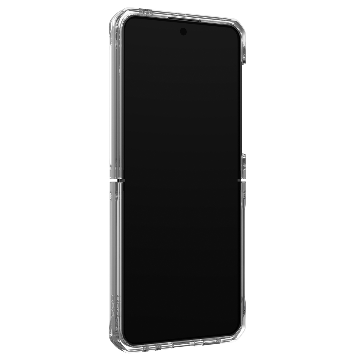 Een doorzichtige beschermhoes voor een opvouwbare telefoon, die het ontwerp van de telefoon laat zien.