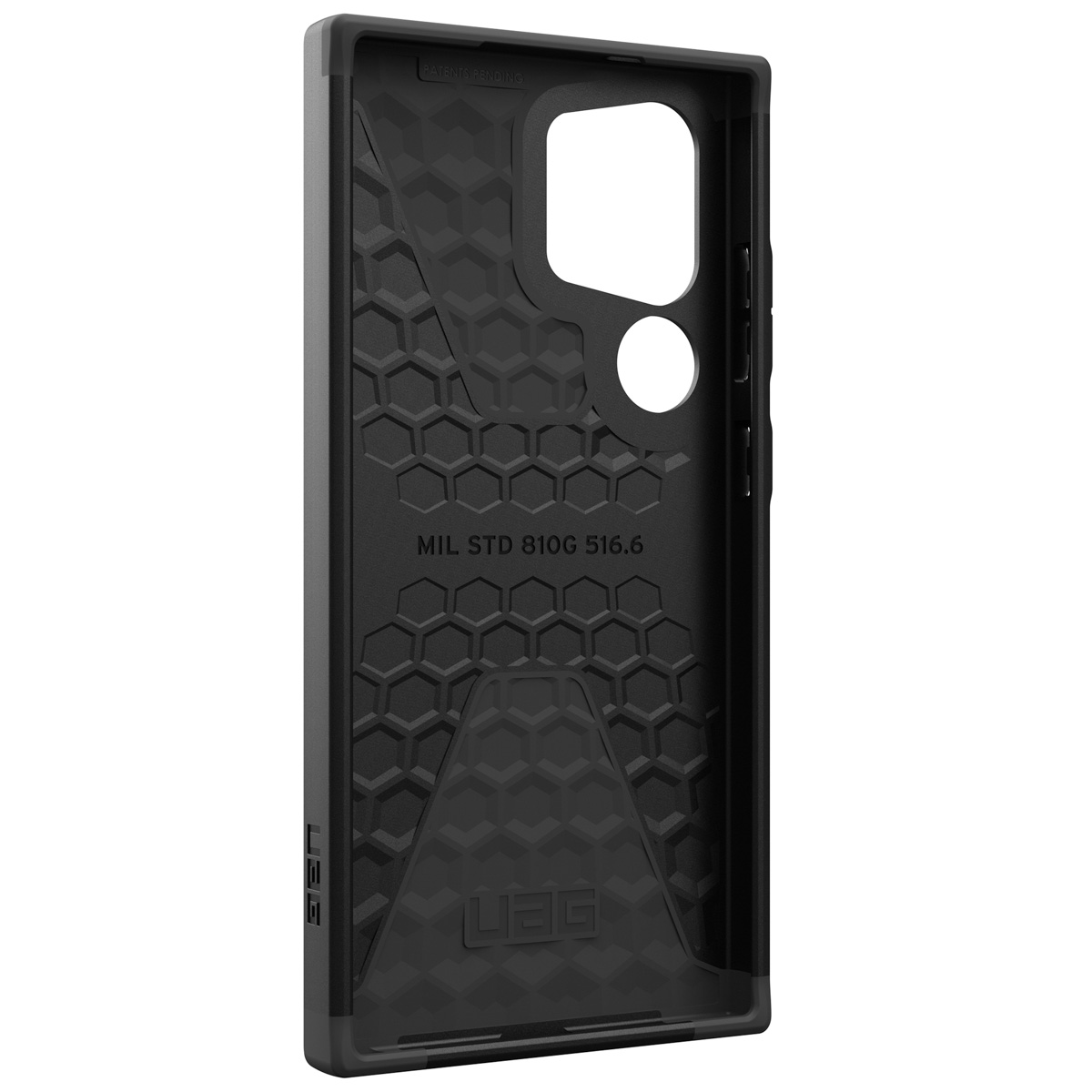 Czarne etui na telefon z wzorem plastra miodu, widok od wewnątrz.