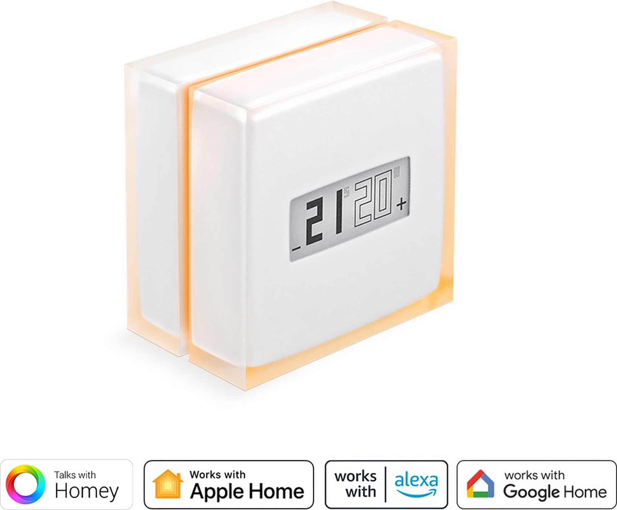 A white smart thermostat with a digital display, set against a white background.