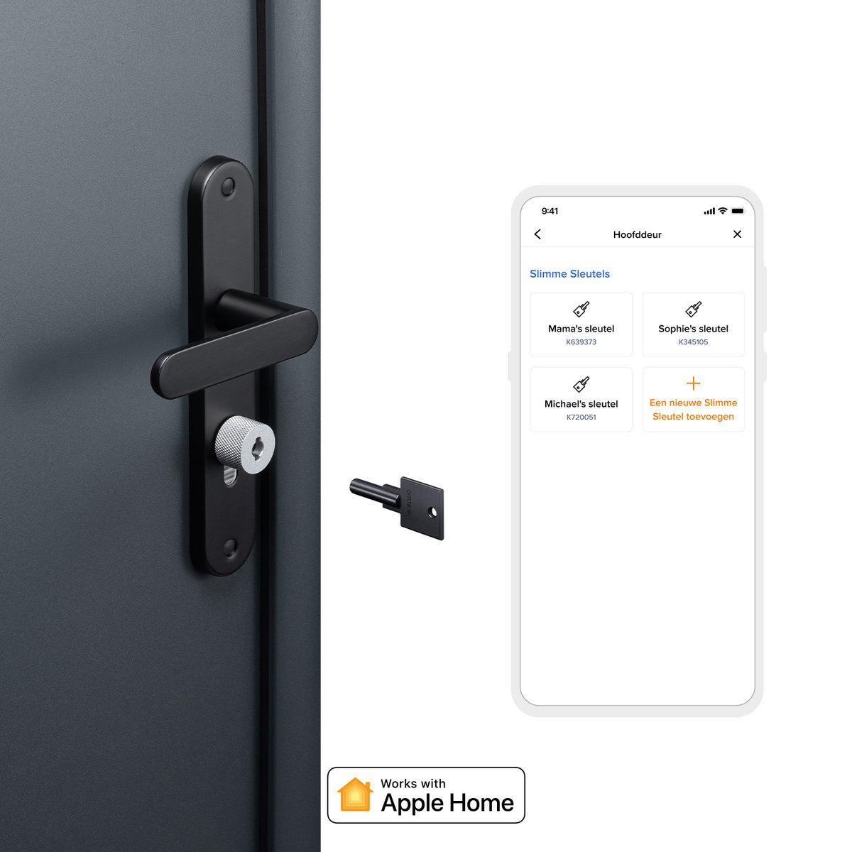 Black door handle with a key and a smartphone showing smart key options.