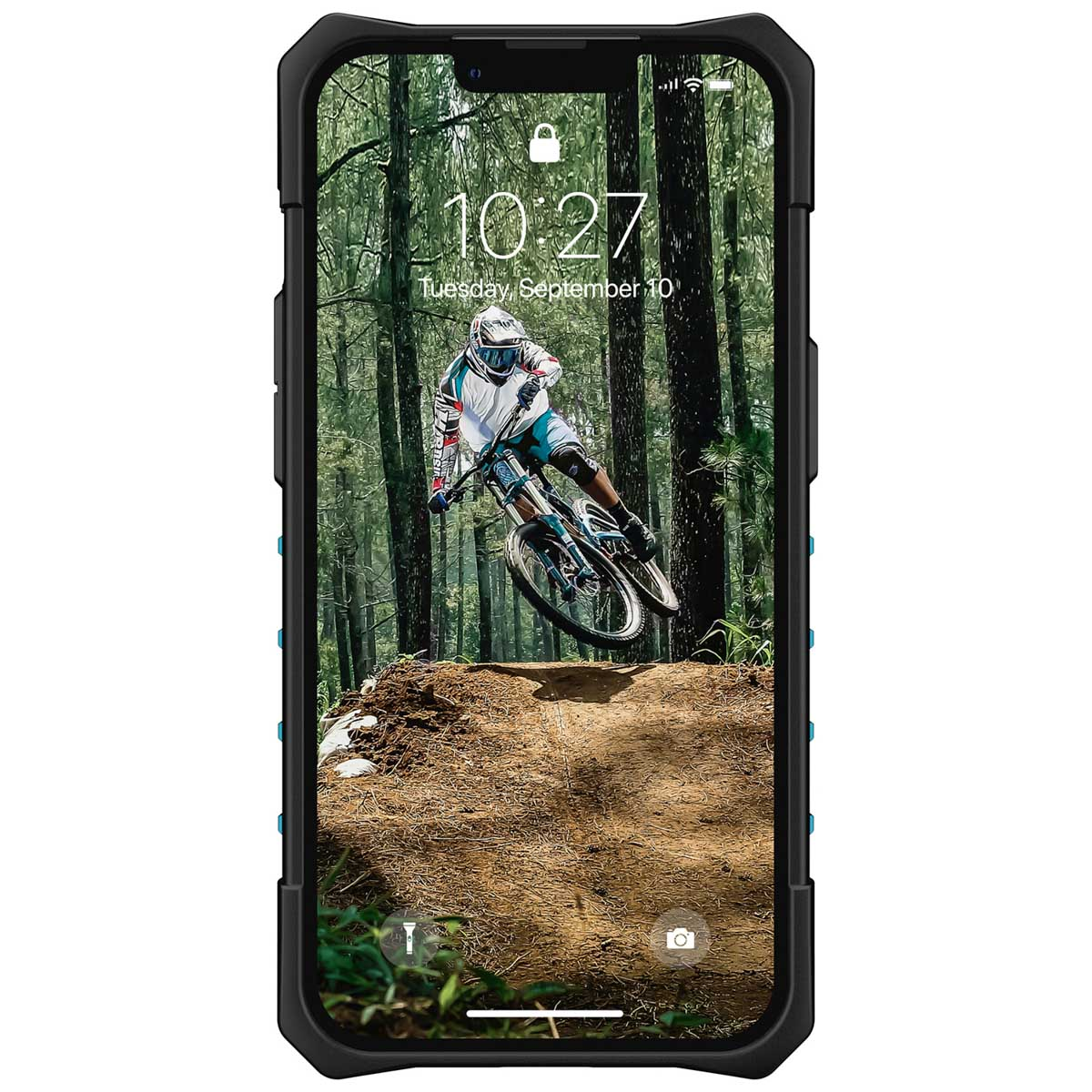 Schwarzes Telefon zeigt einen Mountainbiker im Wald. Das Gehäuse hat grüne Akzente.