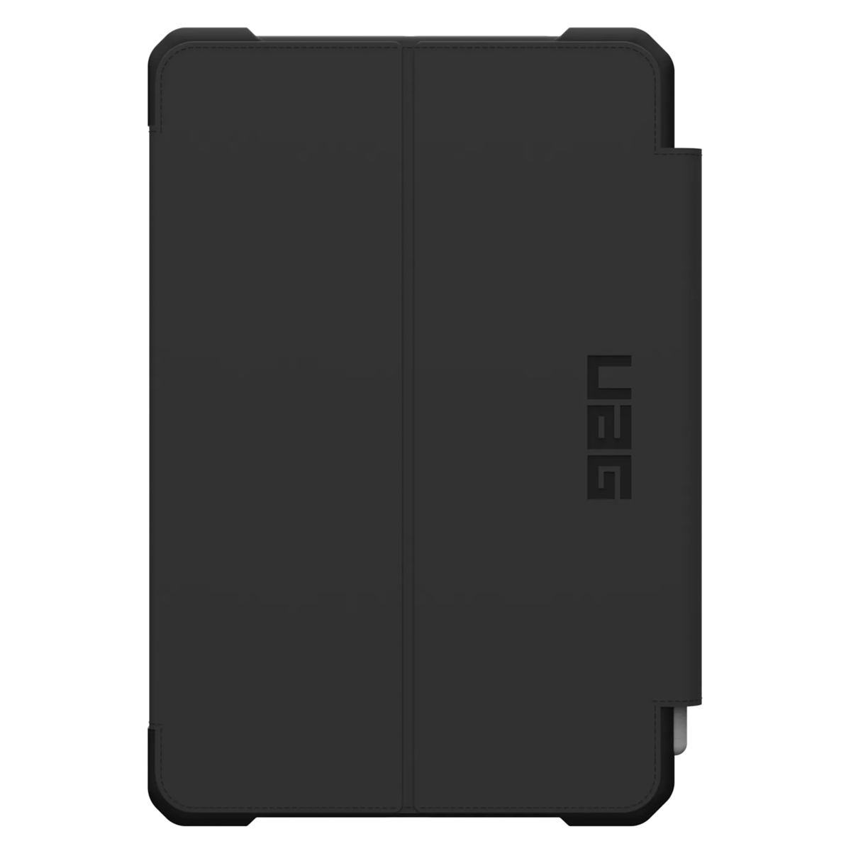 Schwarze Tablet-Hülle. UAG-Logo auf der Seite. Faltbare Abdeckung mit strukturierter Oberfläche.