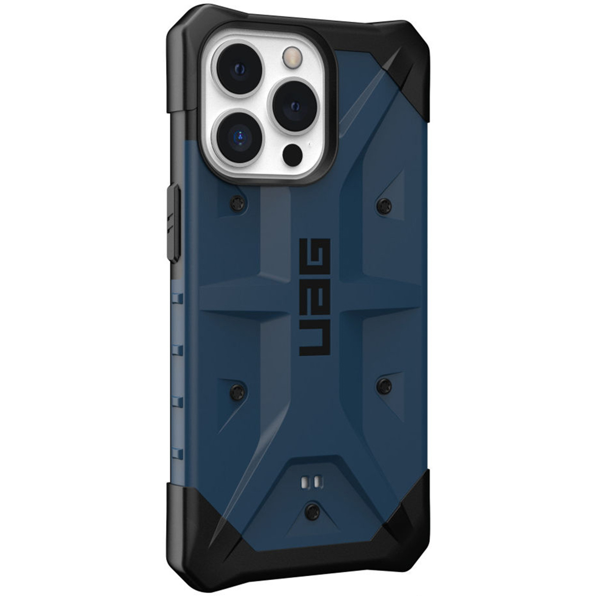 Eine blau-schwarze Handyhülle mit schwarzem Rand. Auf der Rückseite befindet sich das UAG-Logo.