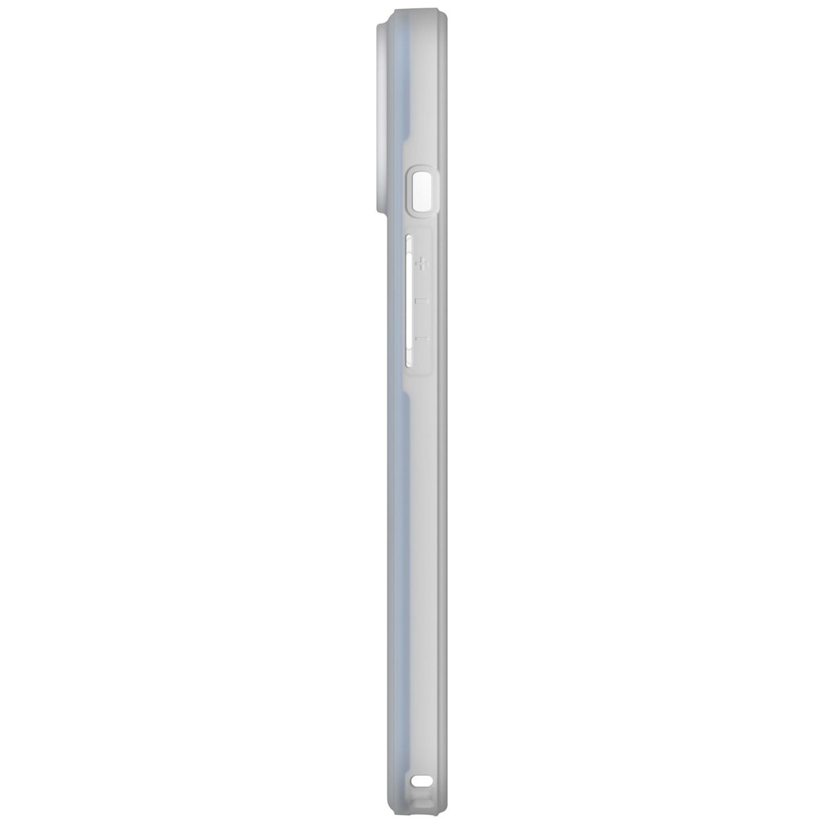 Een witte telefoonhoes, zijaanzicht. De hoes heeft volumeknoppen en een camera-uitsparing.