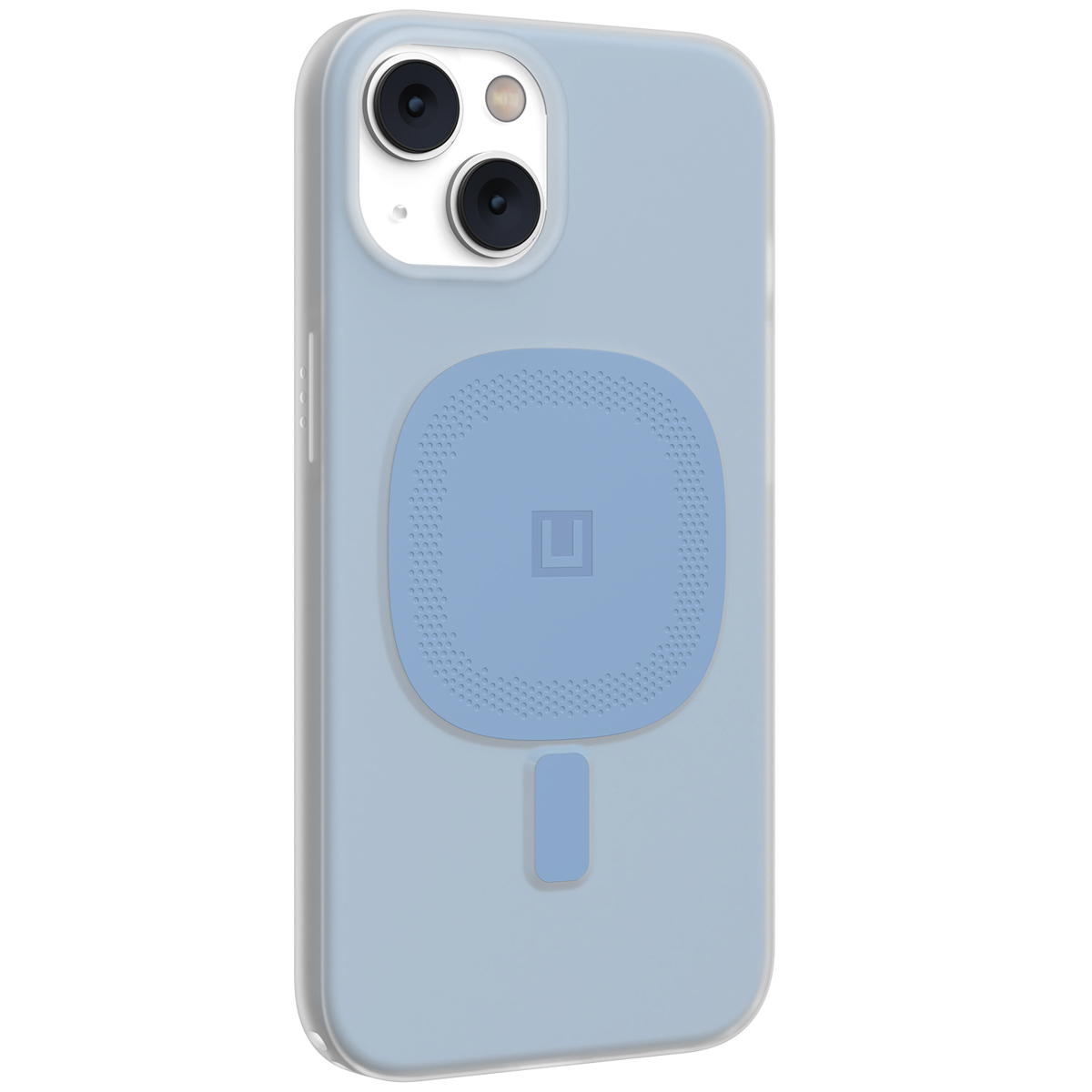 Een lichtblauwe telefoonhoes met een blauw cirkelvormig magnetisch kussen en een blauwe rechthoek.