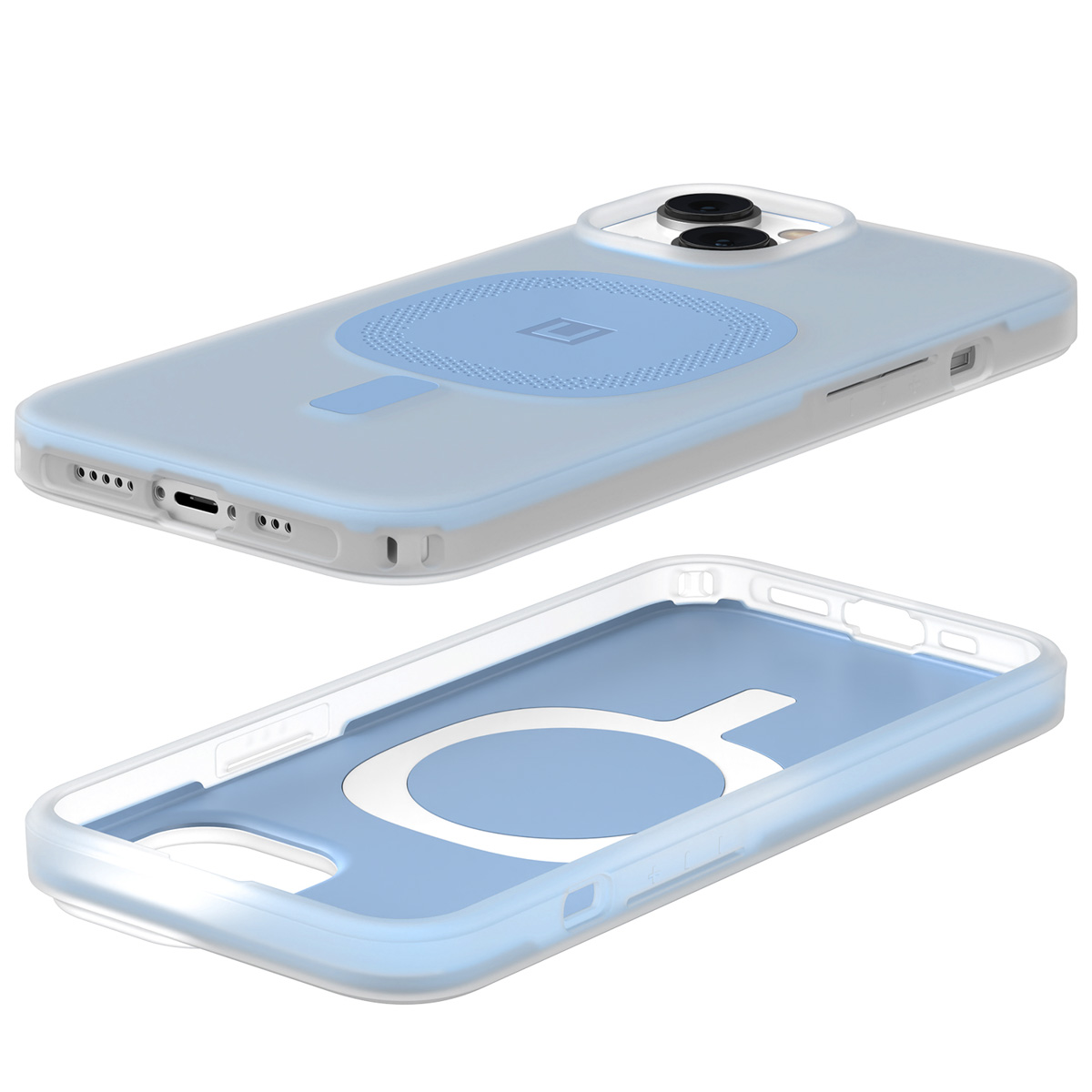 Blauw en witte telefoonhoes met een MagSafe cirkel detail in twee aanzichten.