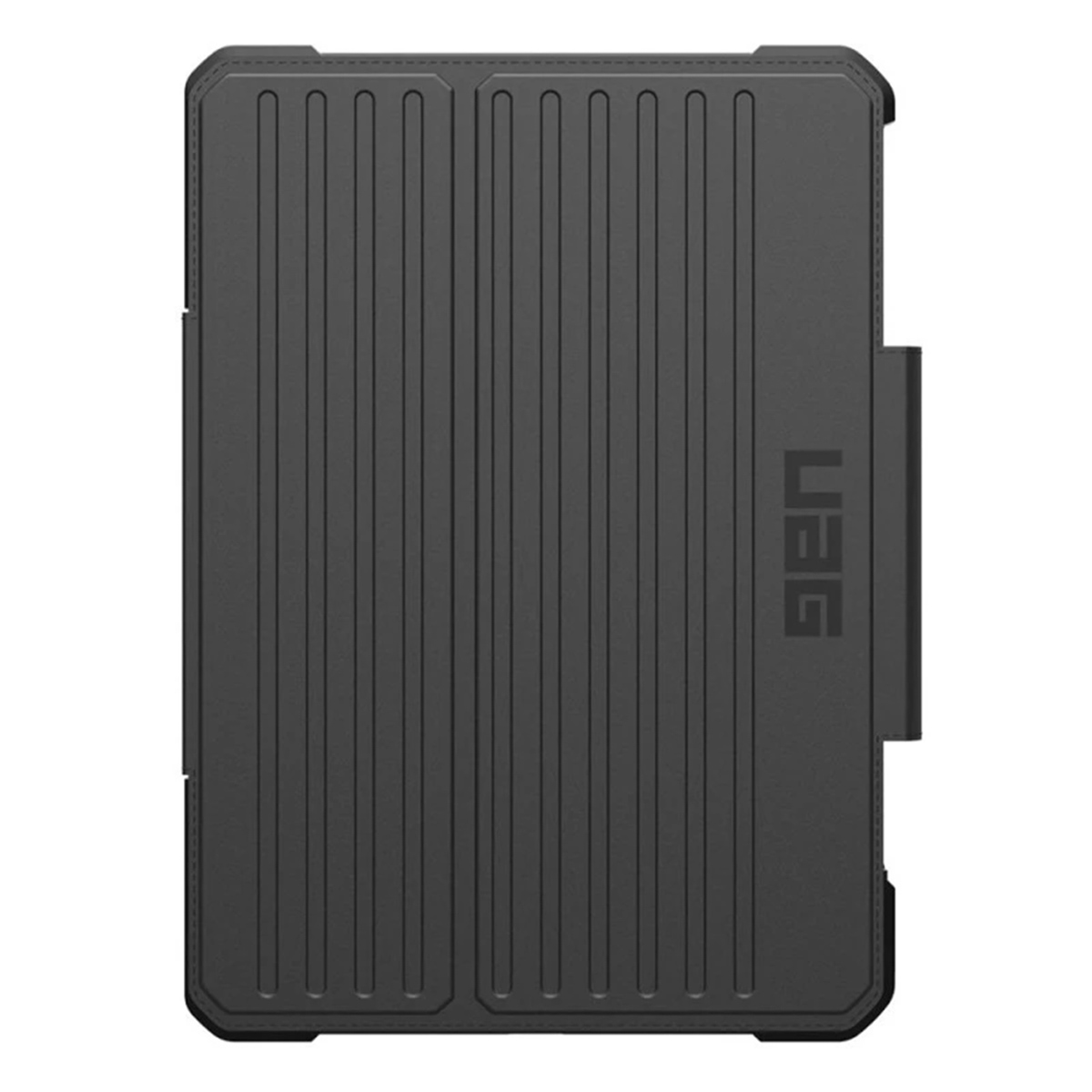 Czarne etui na tablet z pionowymi liniami i logo UAG po prawej stronie.
