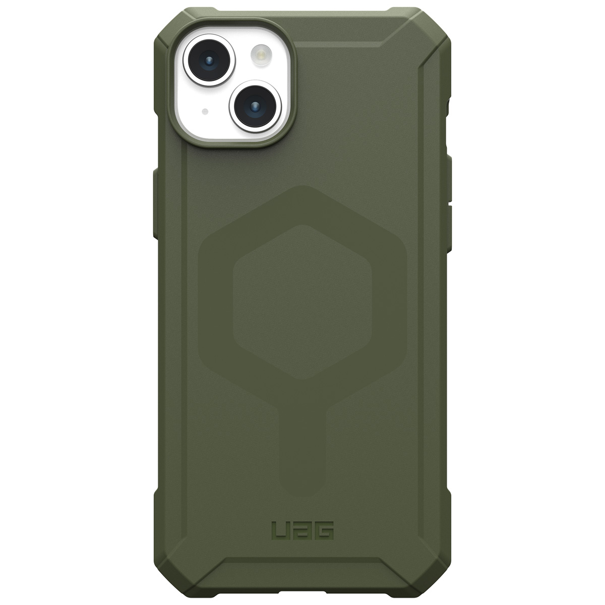 An olive green phone case for an iPhone. It has an embossed UAG logo and two camera lenses.