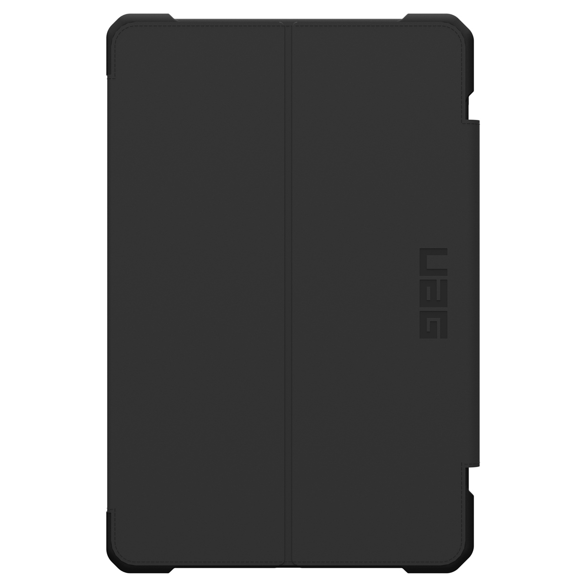 Una custodia per tablet nera chiusa con una superficie liscia e il logo UAG.