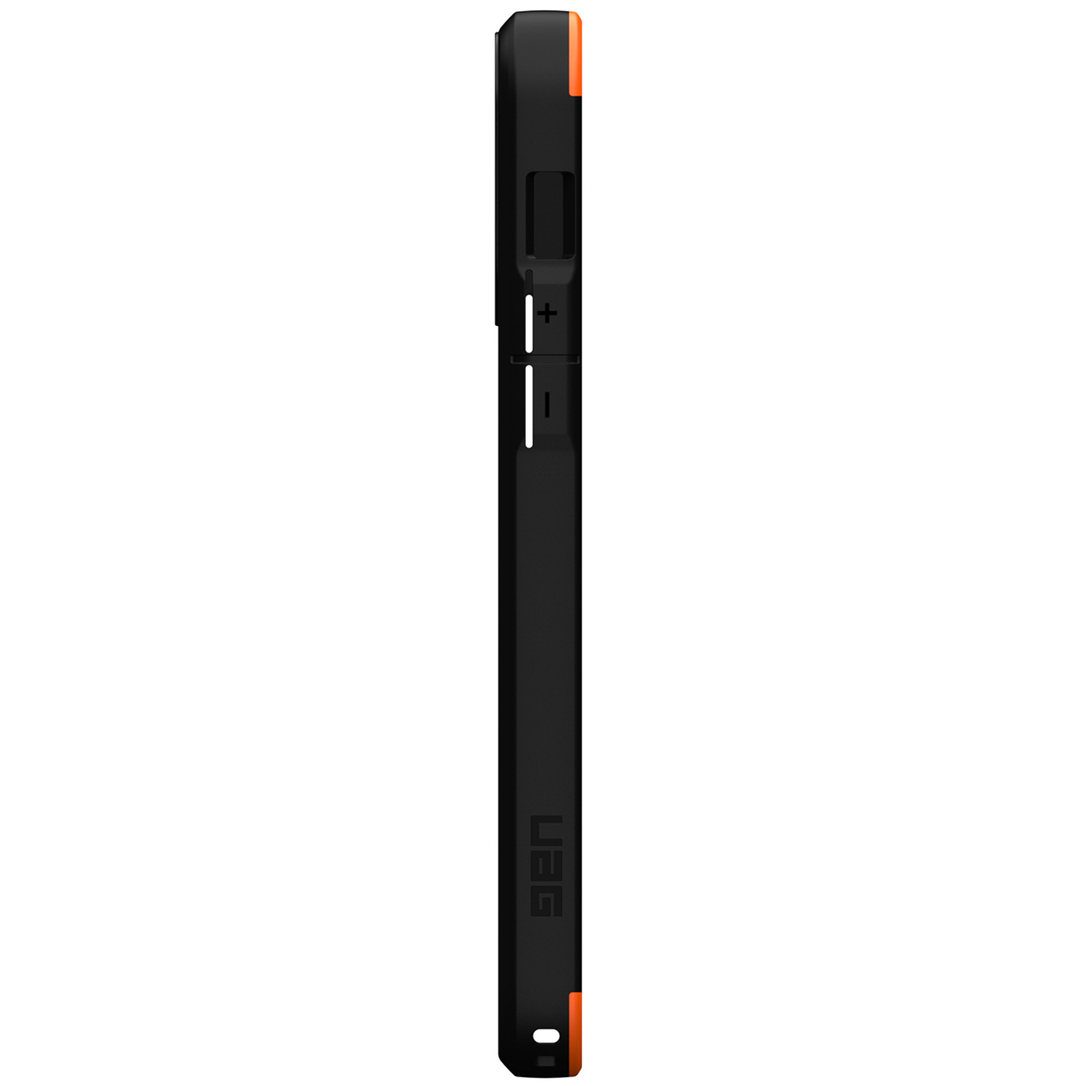 Zwarte en oranje telefoonhoes. Zijaanzicht. Heeft knoppen en een UAG-logo.