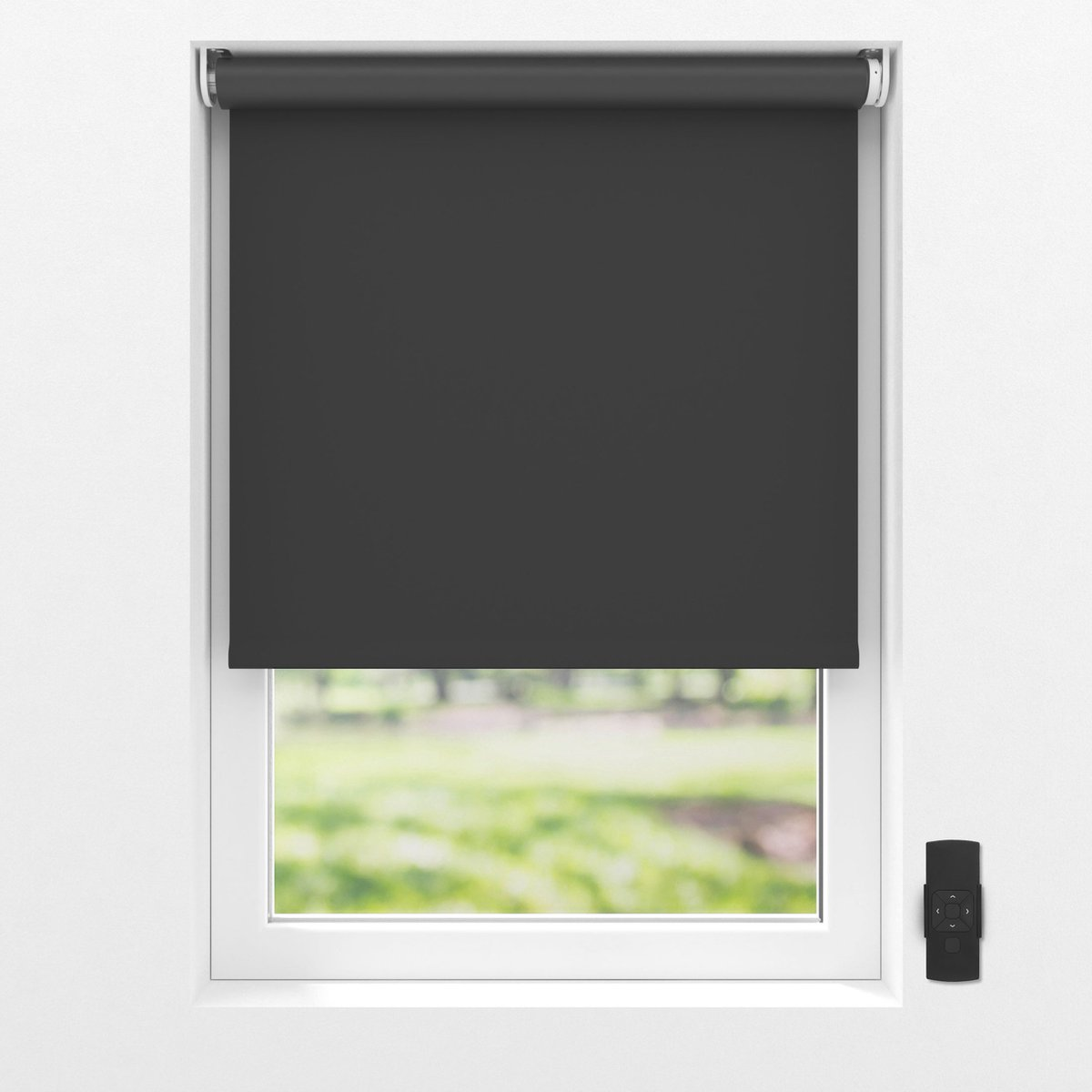 Black roller blind in a white frame, a remote control is on the right.