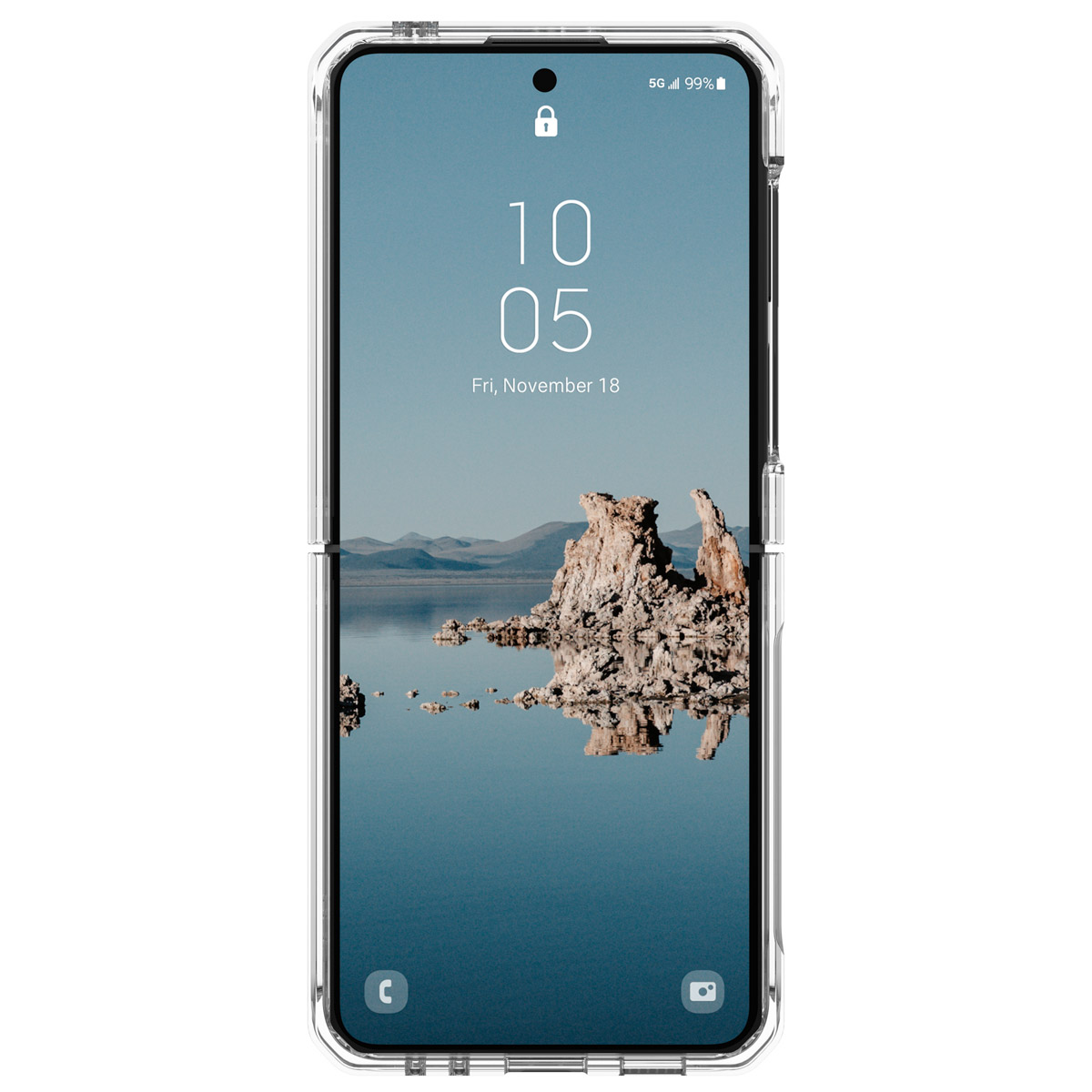 Eine transparente Handyhülle mit einem Telefon, das ein Landschaftsfoto, Datum und Uhrzeit zeigt.