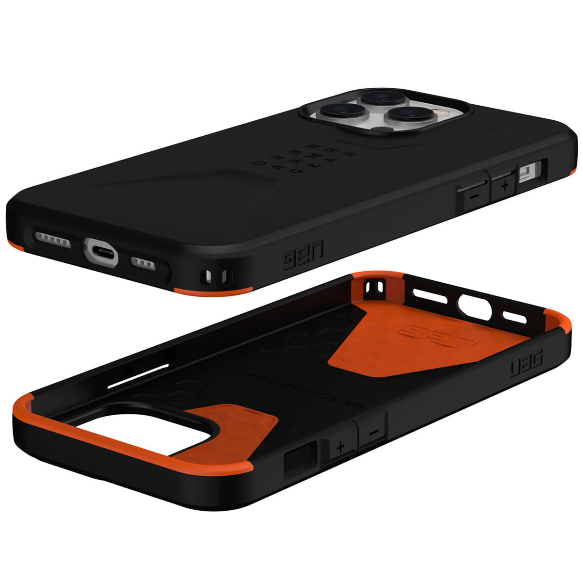 Zwarte telefoonhoes met oranje binnenkant, open en de binnenkant tonend.