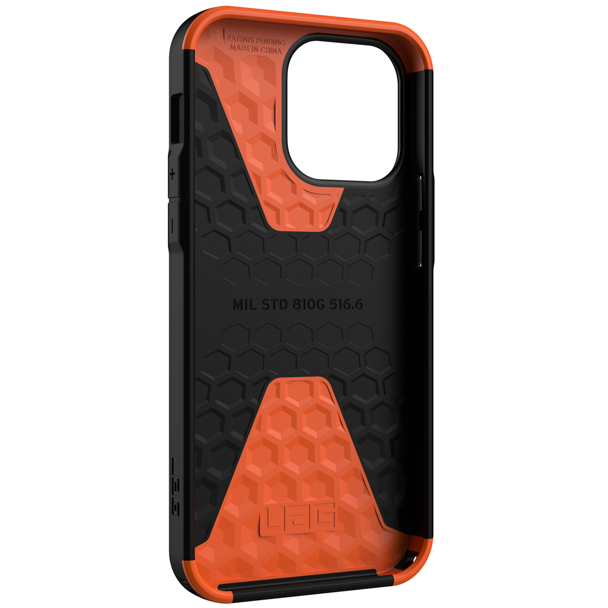 Zwarte en oranje telefoonhoes met honingraatpatroon, oranje accenten en tekst.