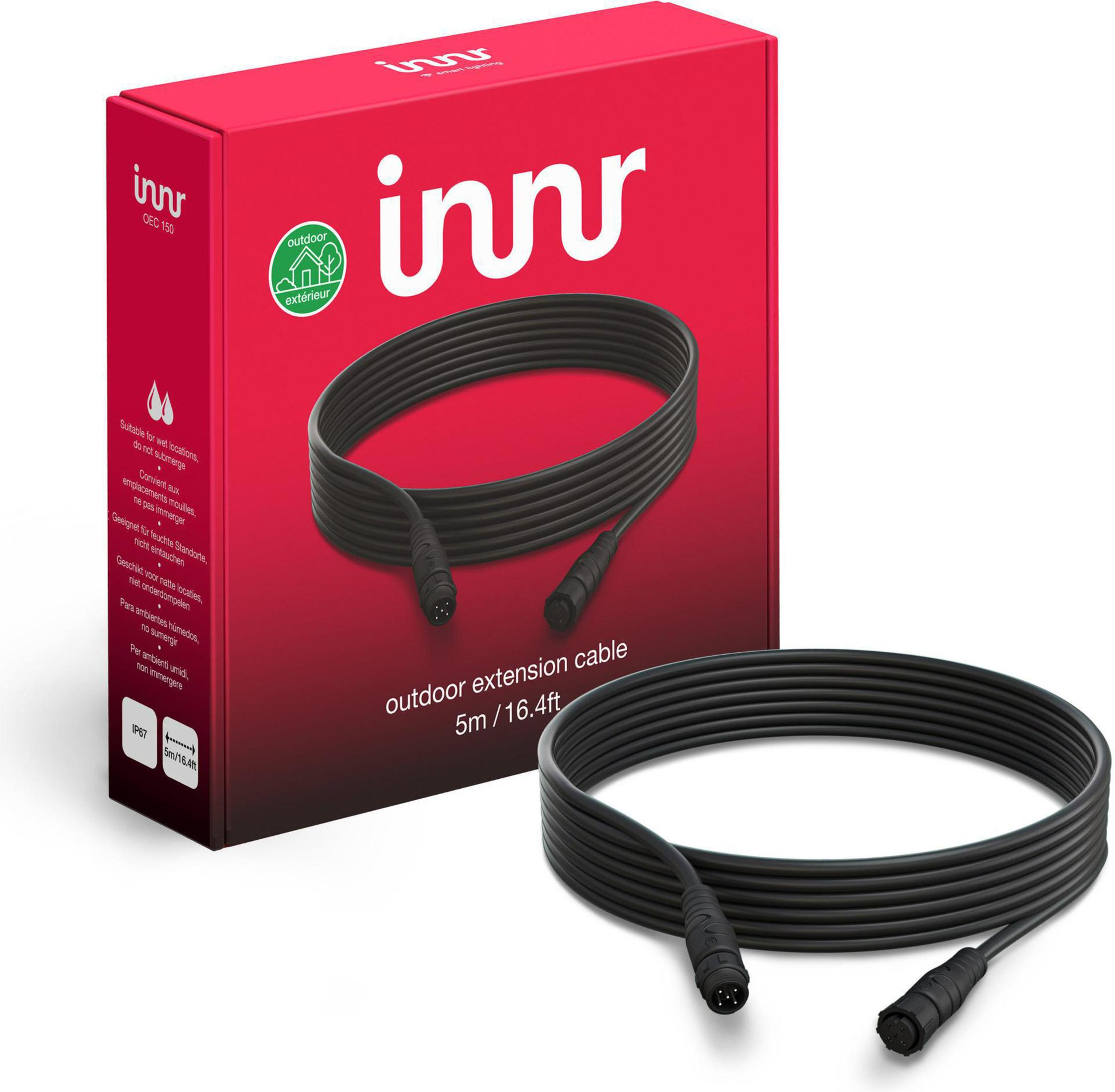 Un câble d'extension extérieur noir avec deux connecteurs et une boîte rouge. La boîte porte le logo innr.