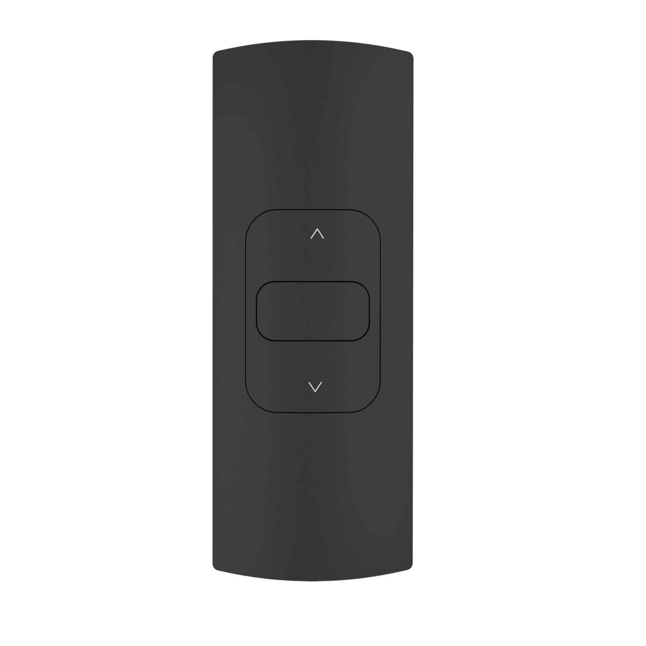 Black remote control with up, down and center buttons, isolated on white.