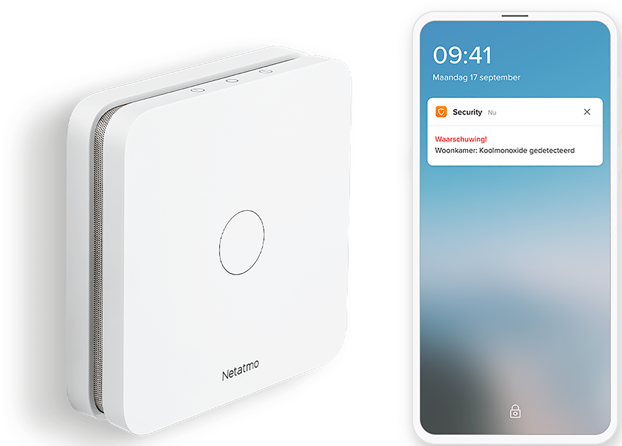 Weißes Netatmo-Heimsicherheitsgerät und ein Smartphone mit Kohlenmonoxid-Warnung.