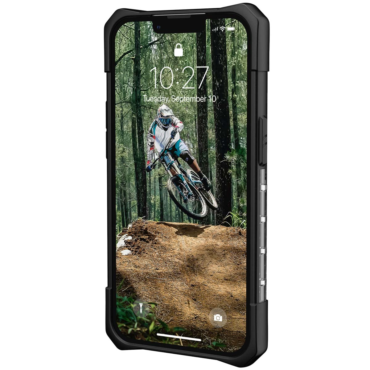 Telefon in schwarzem Gehäuse, zeigt eine Downhill-Mountainbike-Szene.