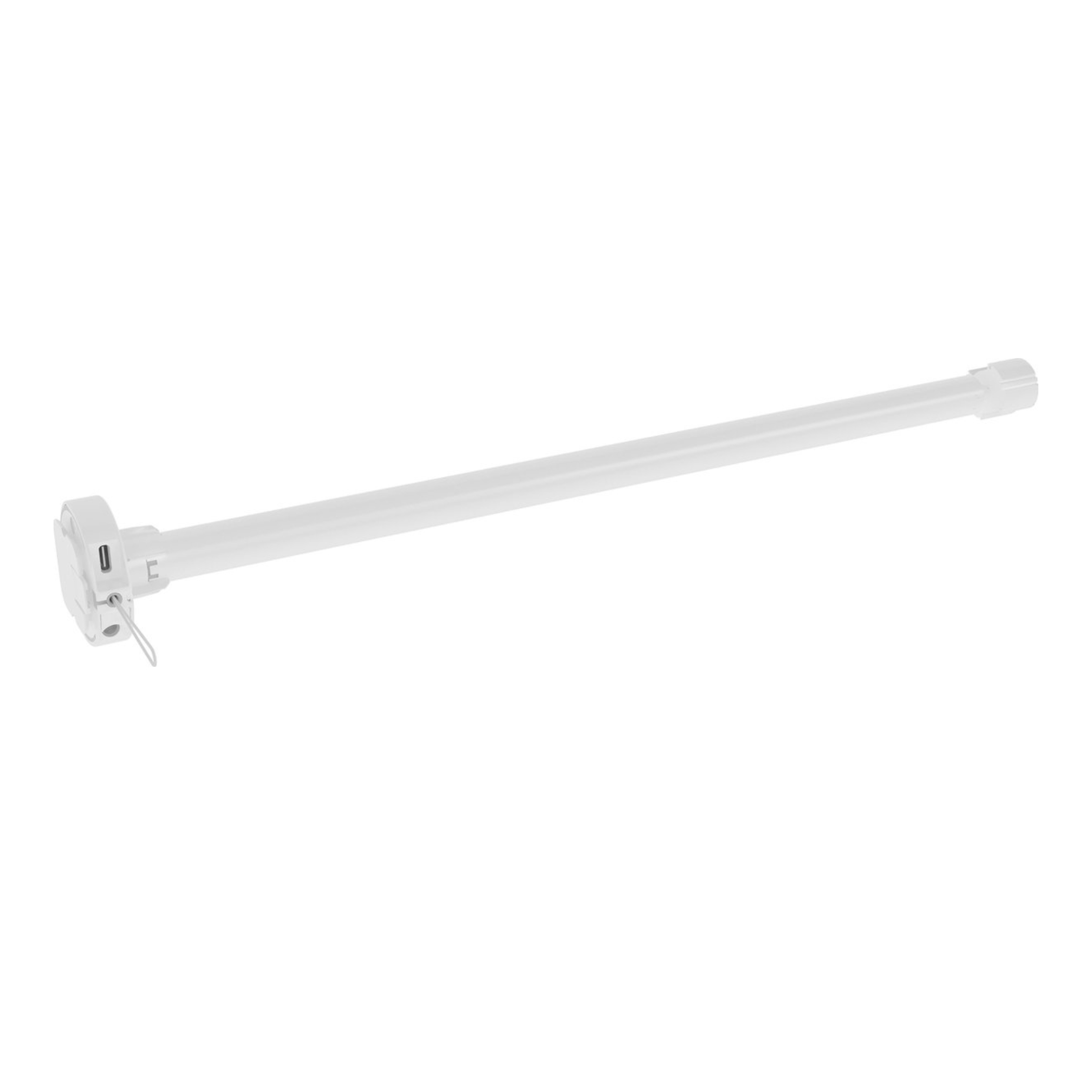 Een lange, witte metalen staaf met montagehardware aan één uiteinde.