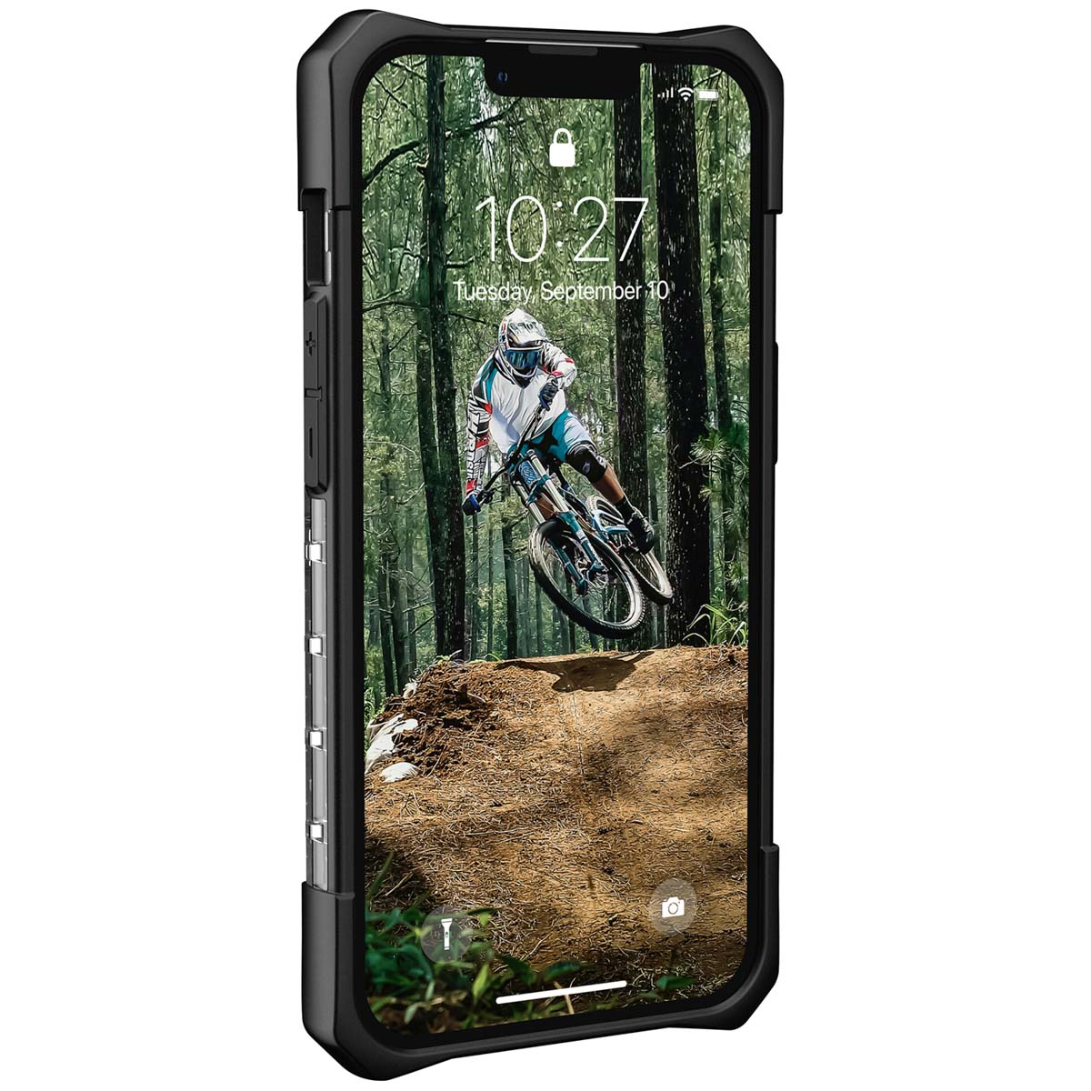 Nahaufnahme eines Telefons in einer schwarzen Hülle. Das Telefon zeigt ein Downhill-Mountainbike-Bild auf dem Bildschirm.