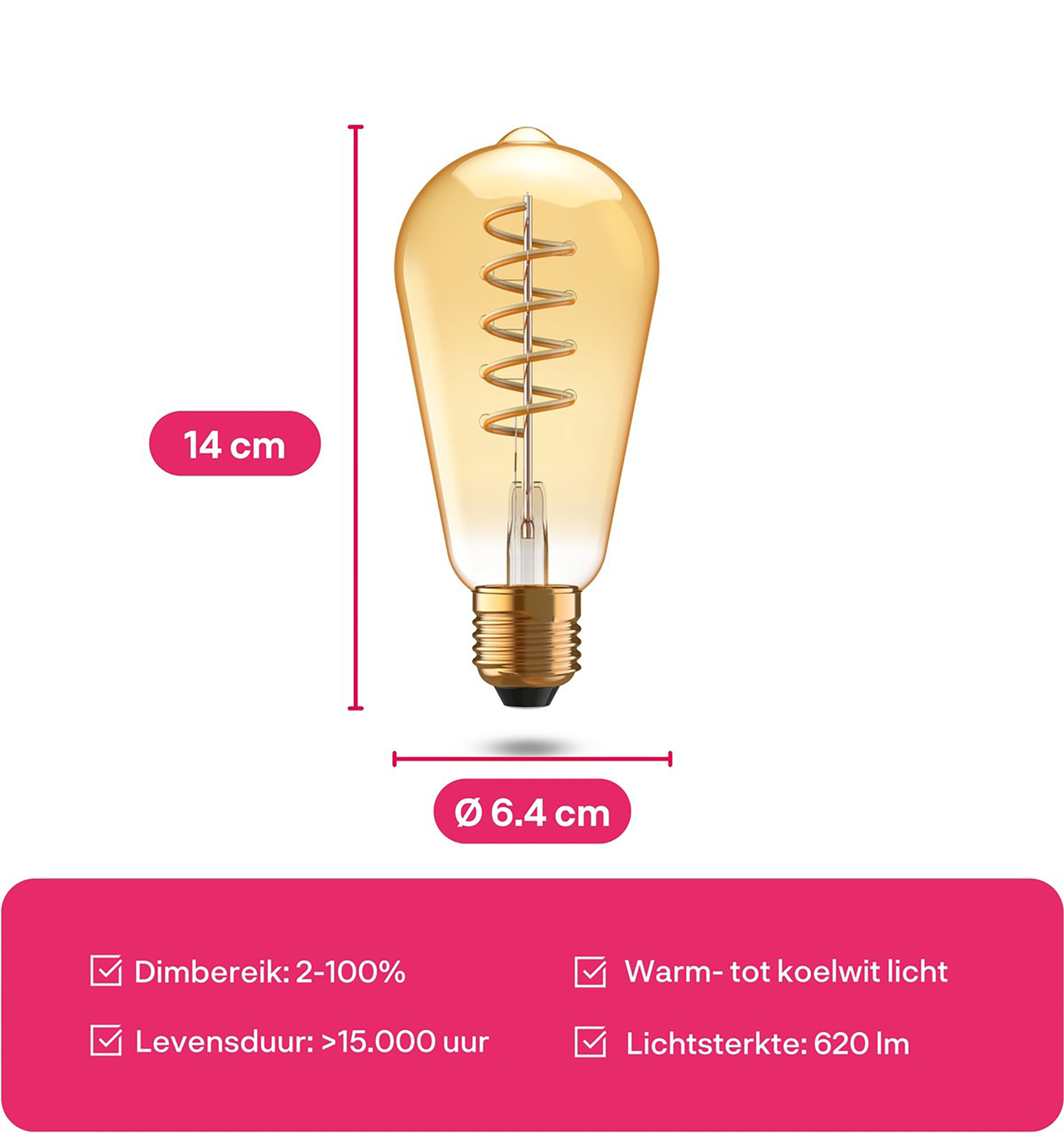 A light bulb with a spiral filament and dimensions displayed.