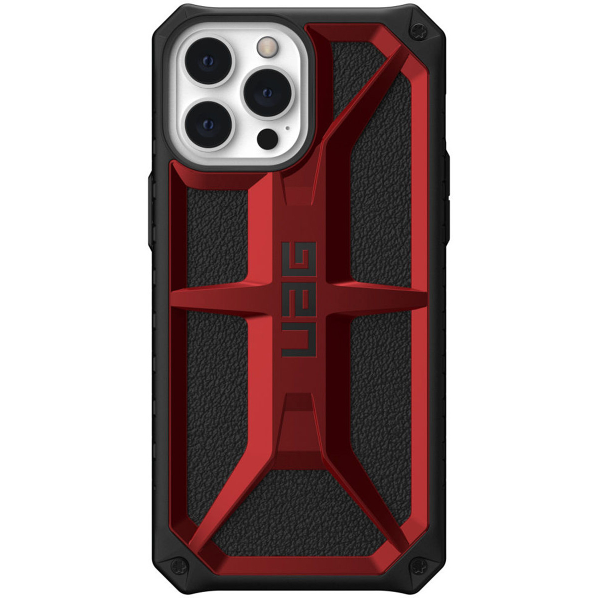Rote und schwarze Handyhülle mit robustem Design. Sie hat ein UAG-Logo.