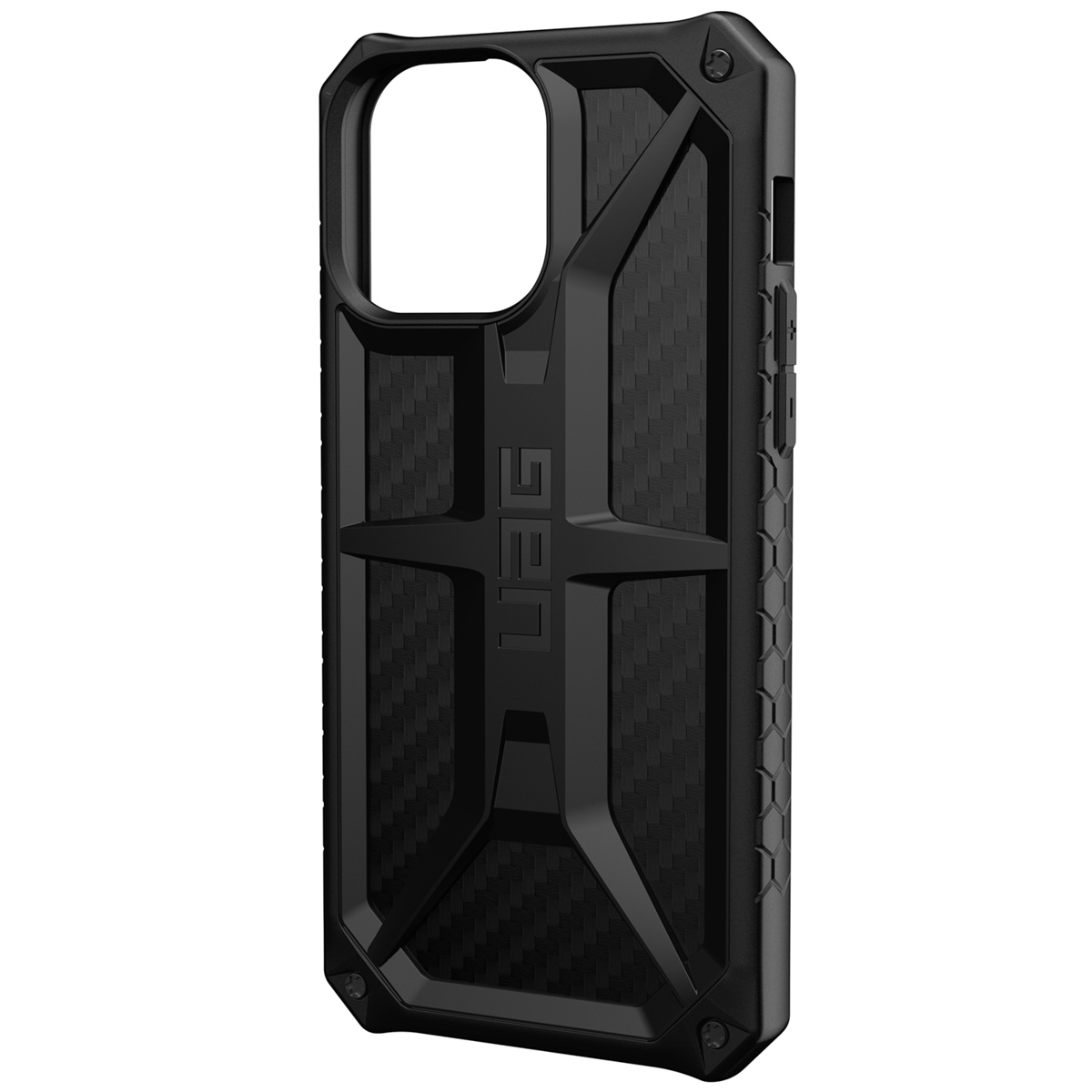 Schwarze UAG-Handyhülle mit strukturiertem Design und UAG-Logo. Weißer Hintergrund.