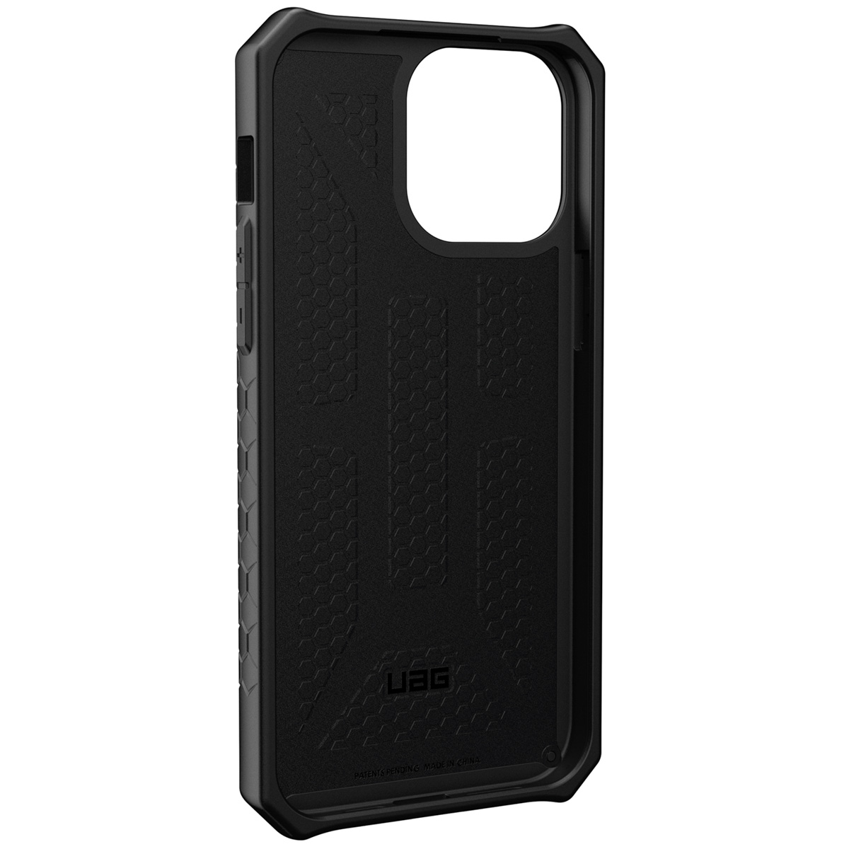 Eine schwarze Handyhülle mit strukturierter Innenseite und UAG-Logo.