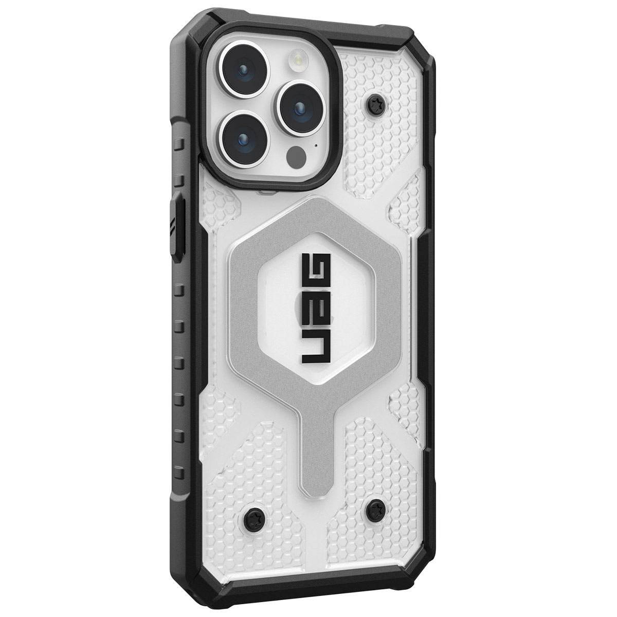 Custodia per telefono nera e trasparente con design a esagono e logo UAG sul retro.