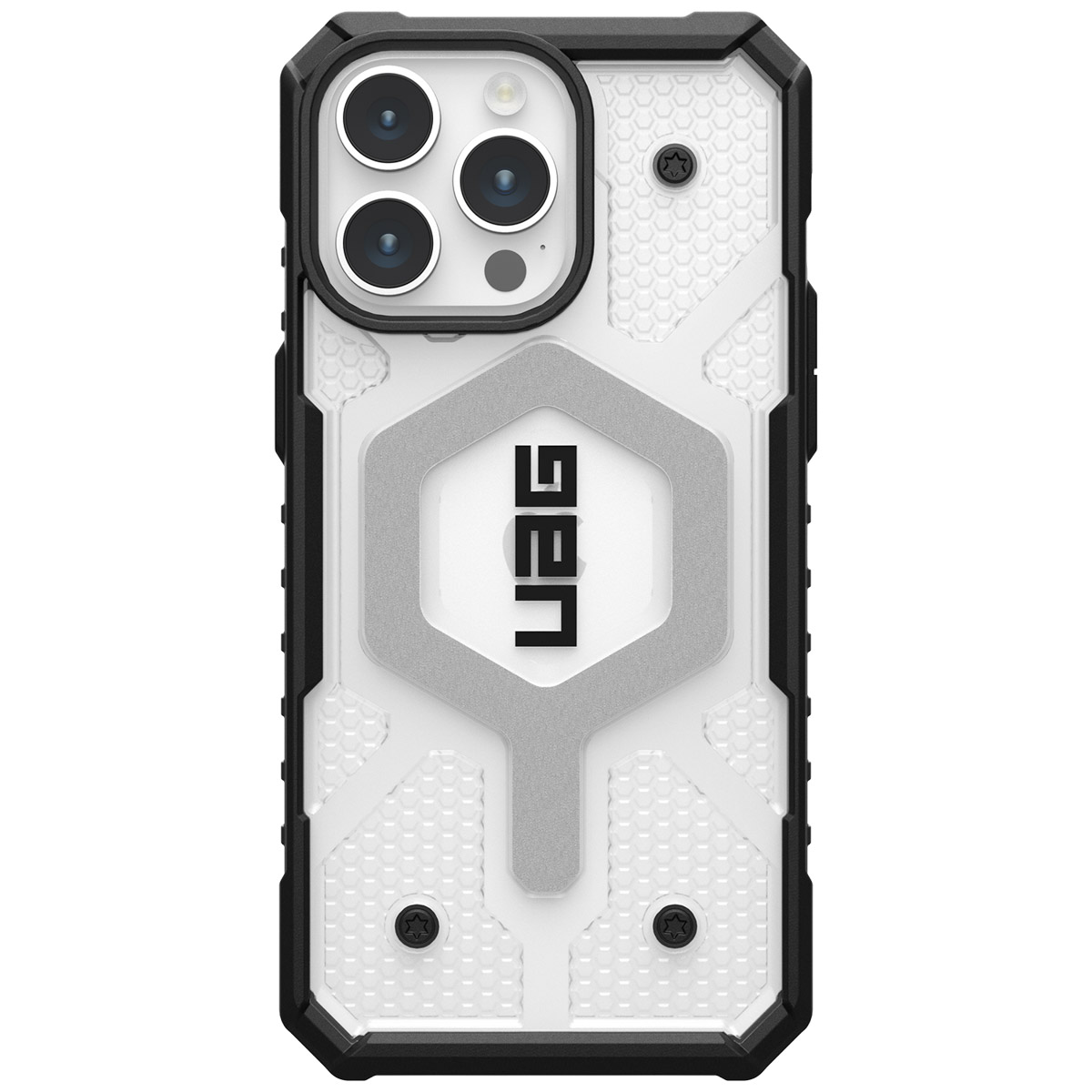 Custodia per telefono con retro trasparente. La custodia ha un bordo nero e un logo UAG.