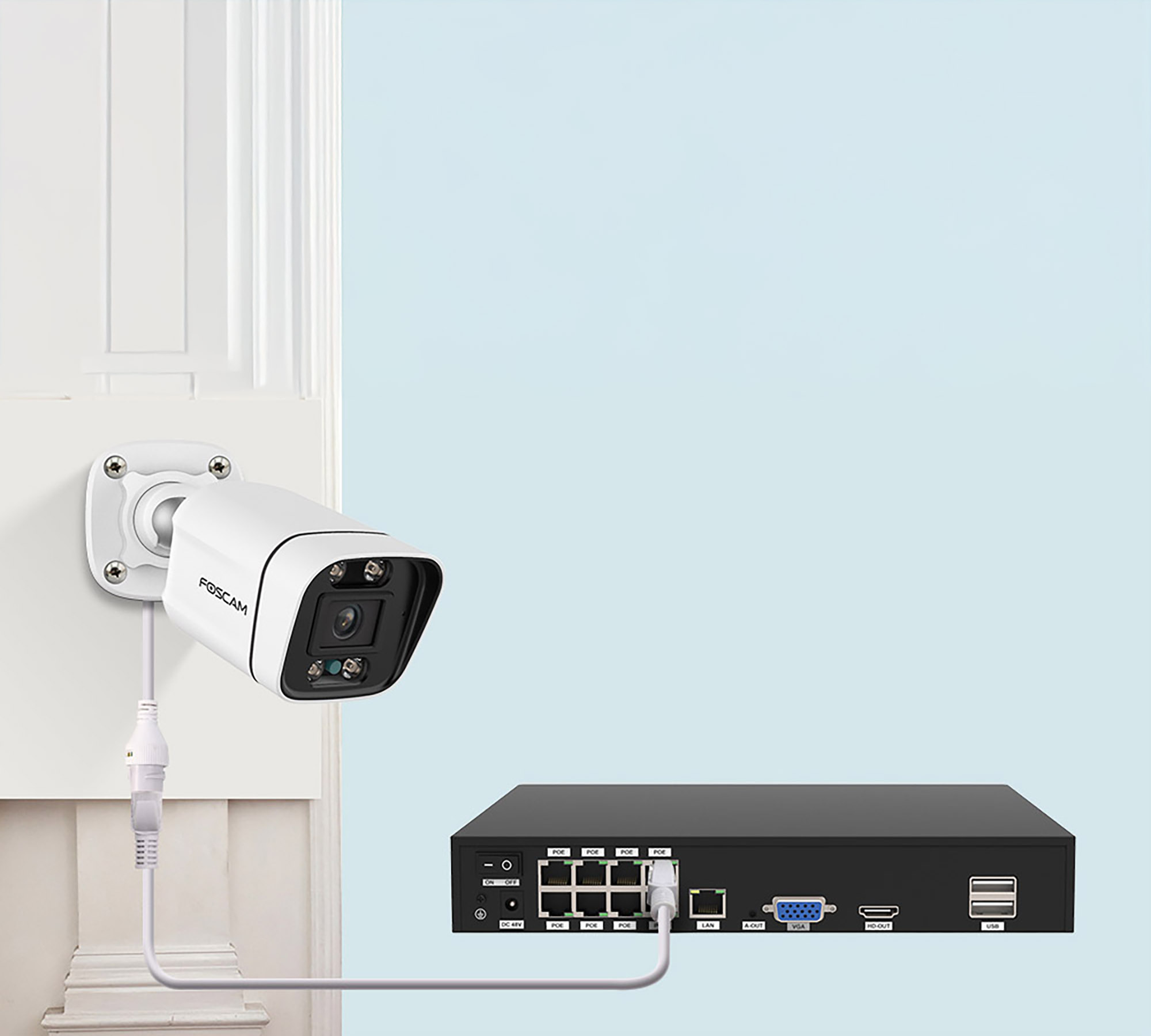 White security camera mounted on a wall, connected to a black recording device.