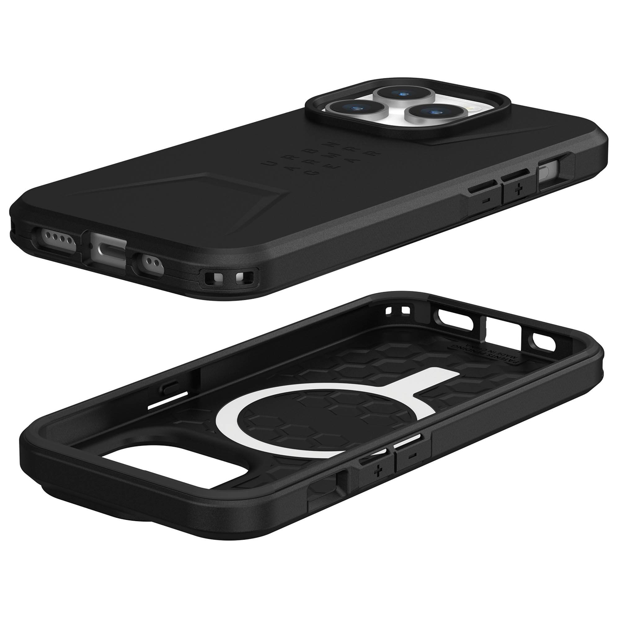 Funda de teléfono negra, abierta, mostrando el interior y el exterior.