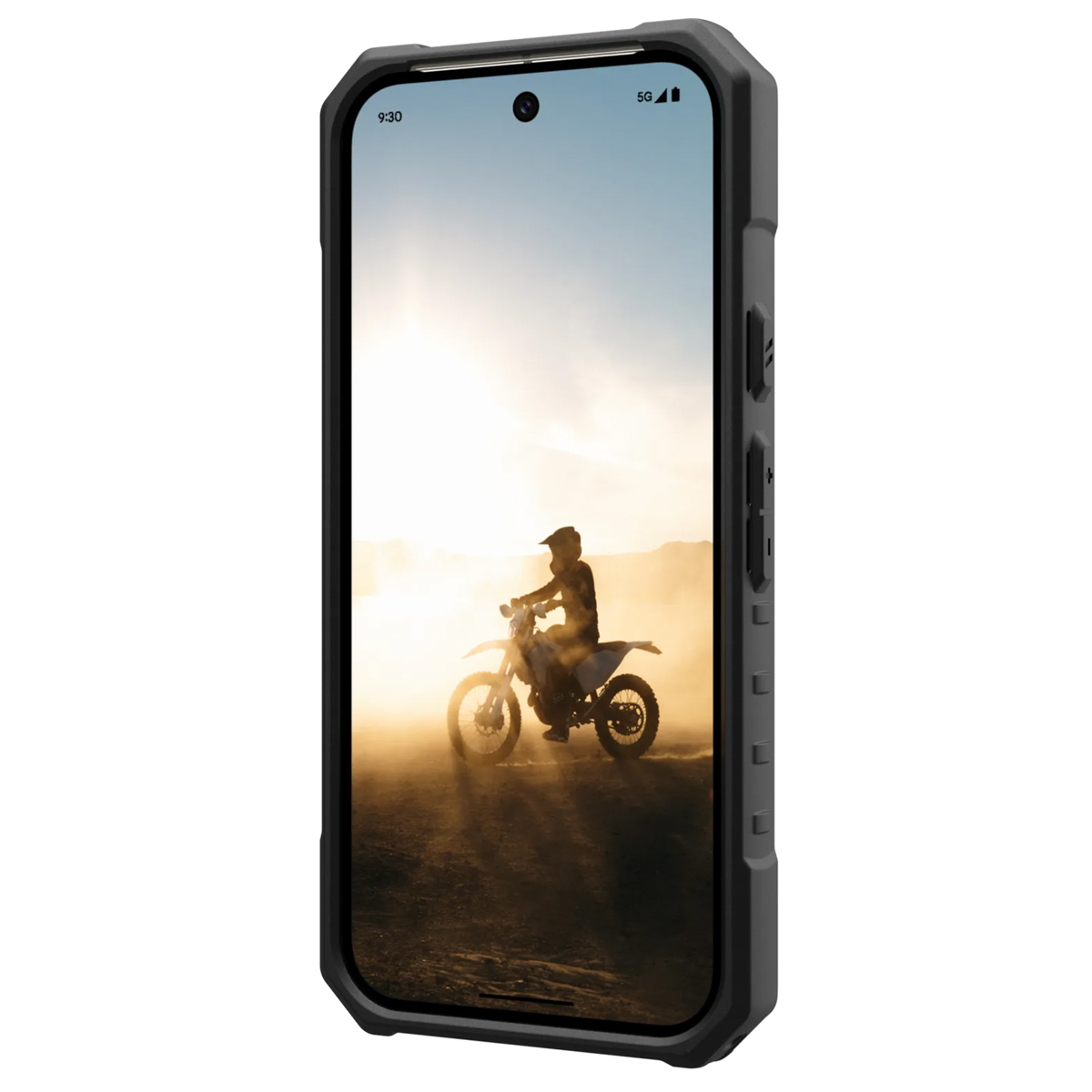 Smartphone in a rugged case, displaying a rider on a motorcycle in a desert scene, with bright sunlight.