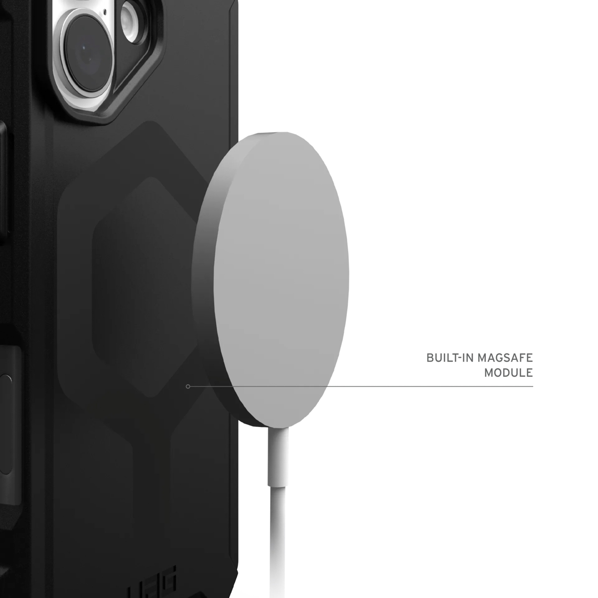 A black phone case with a white circular charging module attached.