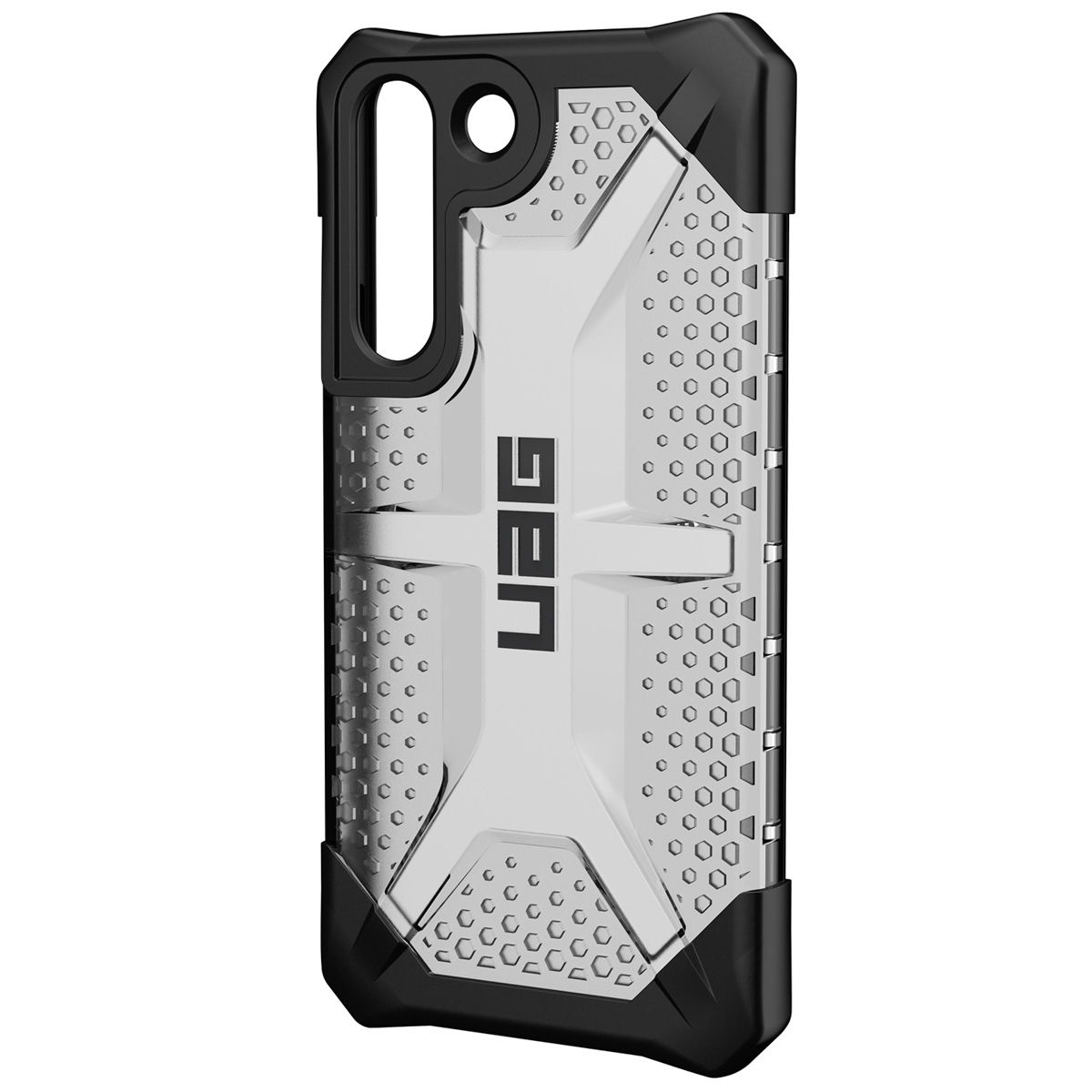 Een zwarte en zilveren telefoonhoes met een robuust ontwerp, met een beschermhoes en honingraatpatroon.