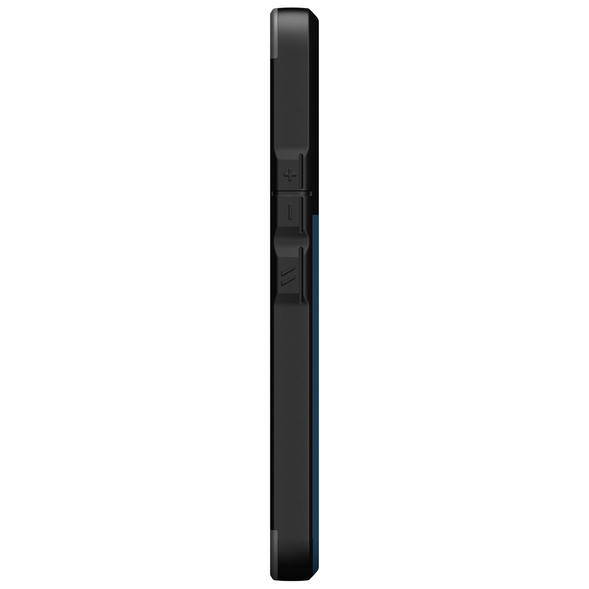 Zijaanzicht van een zwarte telefoonhoes met knoppen en een blauw accent.