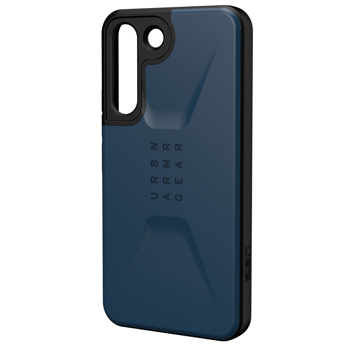 Een blauwe UAG telefoonhoes met de merknaam op de achterkant.