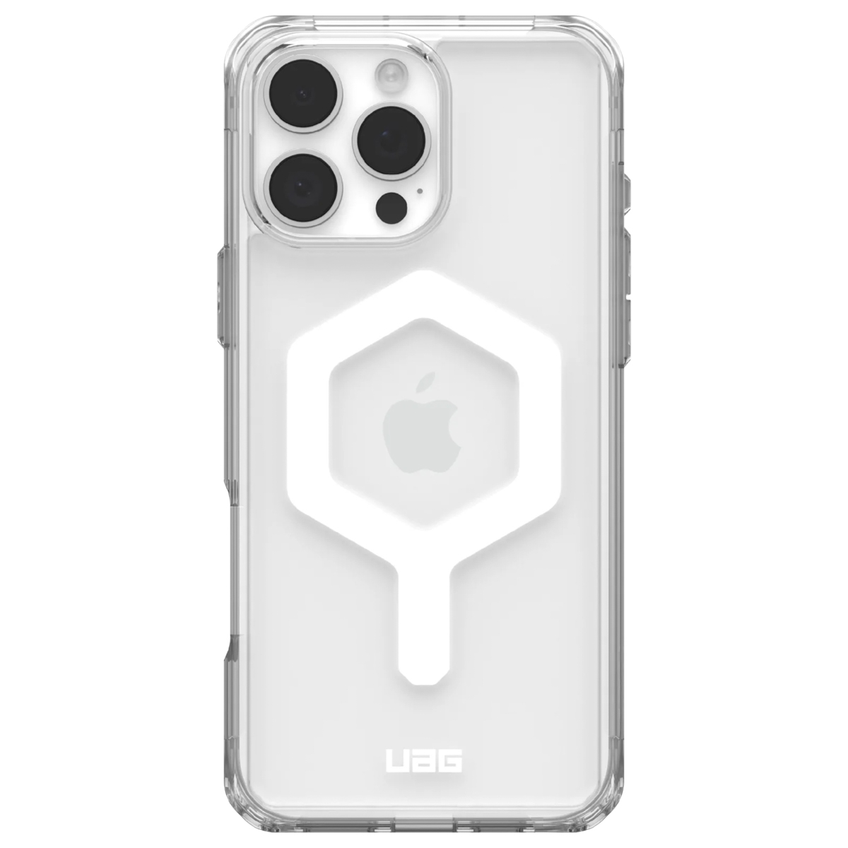 Transparente Handyhülle mit weißem Design und Kamera. Die Hülle hat eine weiße Sechseckform.