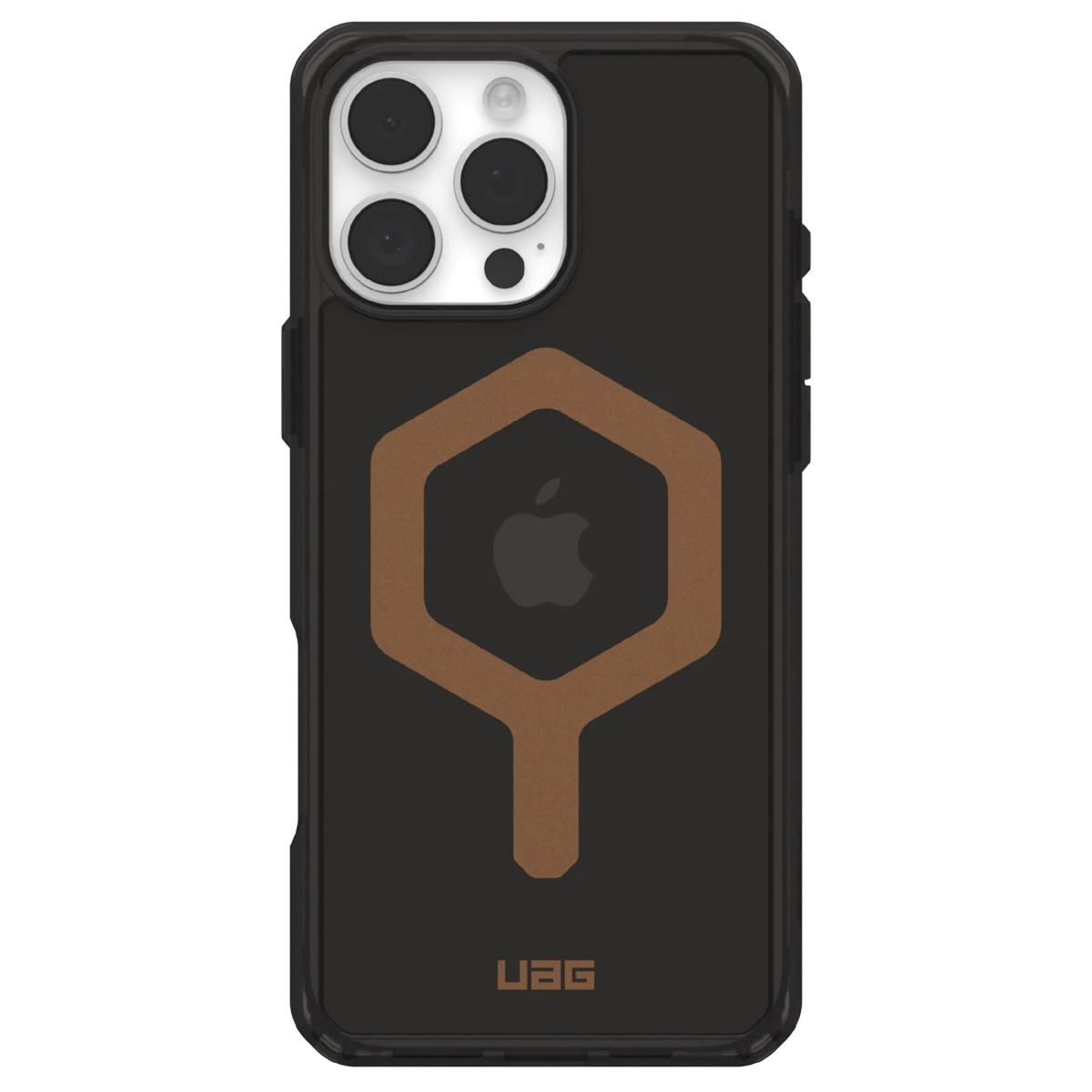 Custodia per iPhone nera con design marrone e logo UAG.
