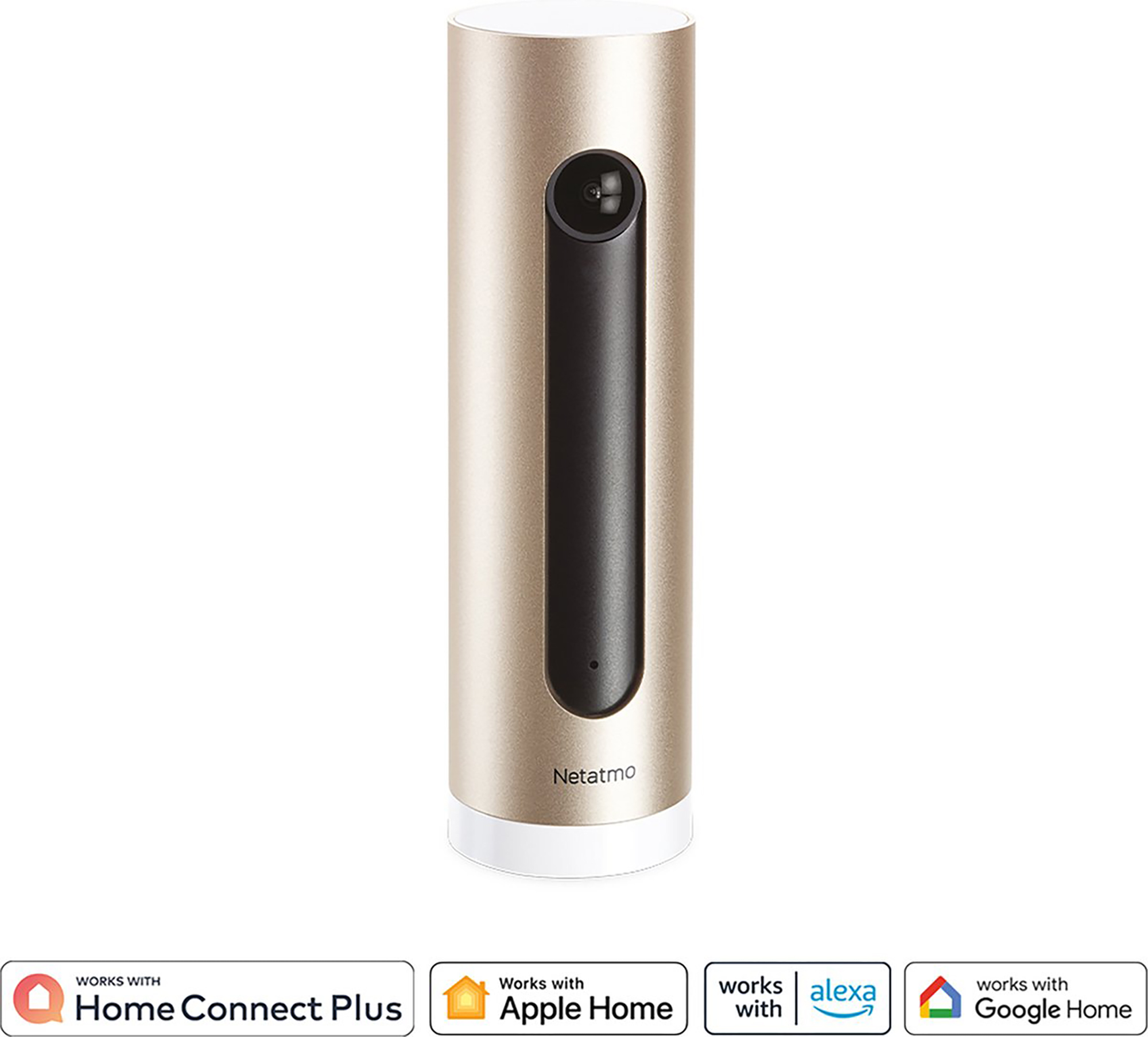 Un cilindro Netatmo dorato con fotocamera e loghi per Home Connect Plus, Apple Home, Alexa, Google Home.