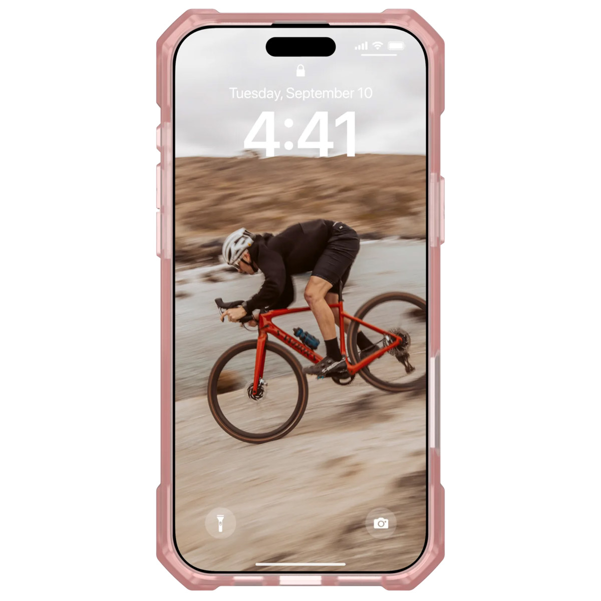 Ein Telefon in einer rosa Hülle zeigt einen Radfahrer auf einem roten Fahrrad. Die Uhrzeit ist 4:41 am 10. September.