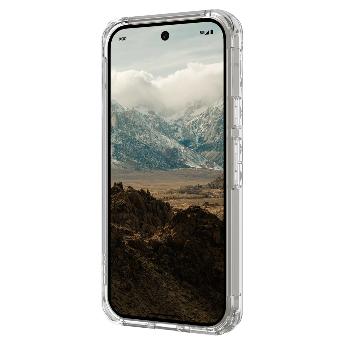 Smartphone in custodia trasparente, scena di montagna sullo schermo, logo 5G.